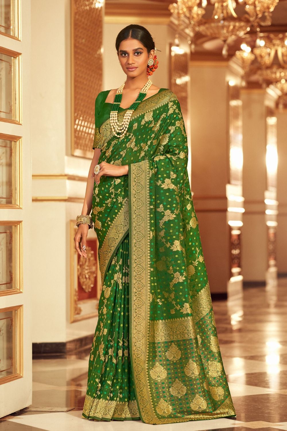 The Modest Fashion for Summers - Dark Green Bandhani Saree - Iraah.Store