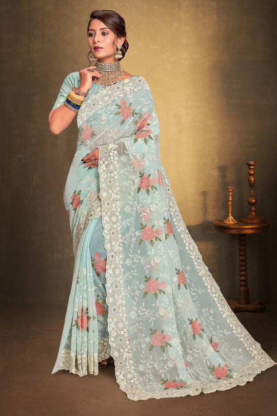 Mint Blue Georgette Embroidered Saree
