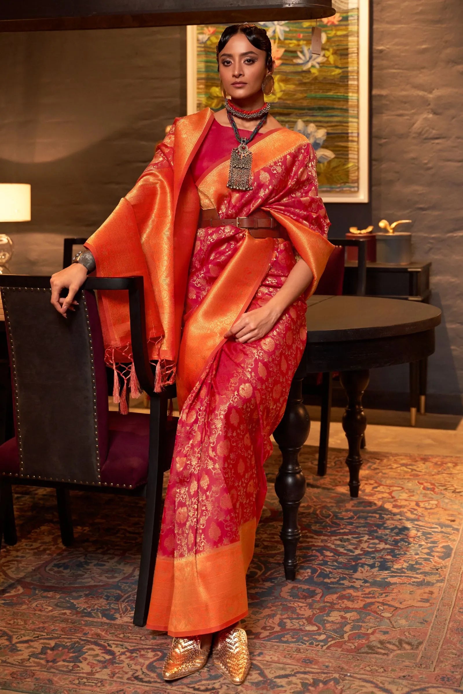 Red Orange Banarasi Silk Saree
