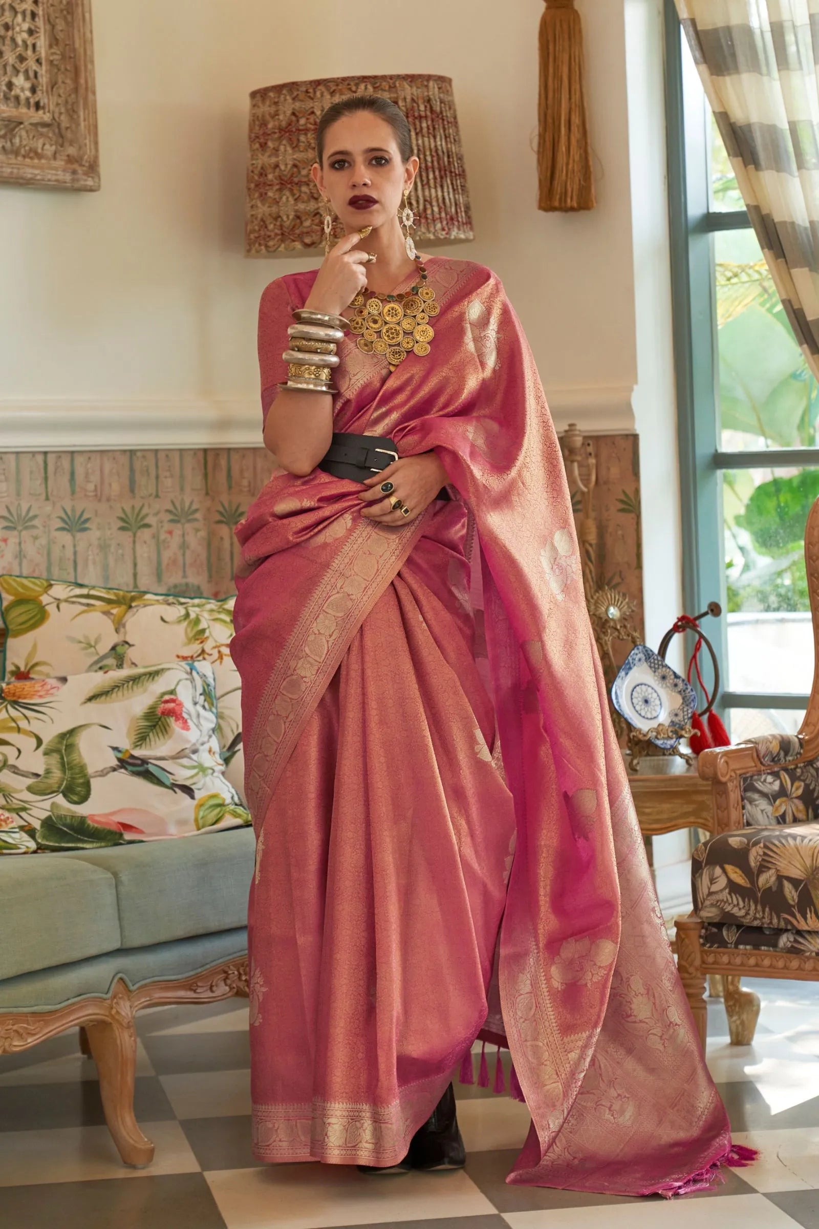 Blush Pink Beautiful Zari Satin Tissue Saree