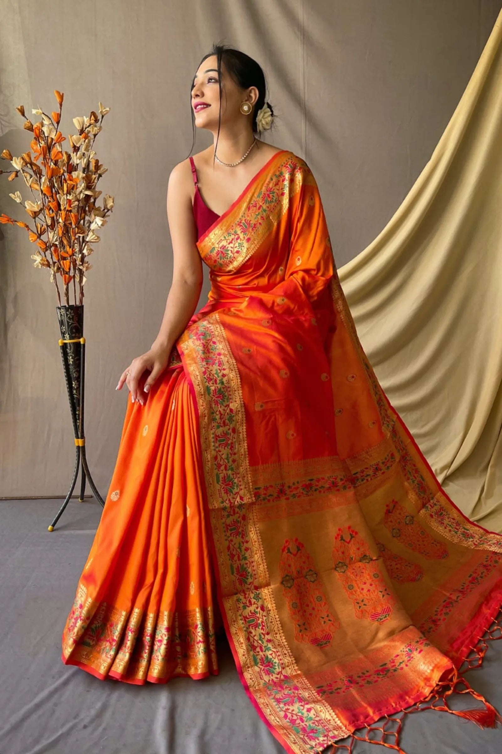 Orange Paithani Banarasi Soft Silk Saree