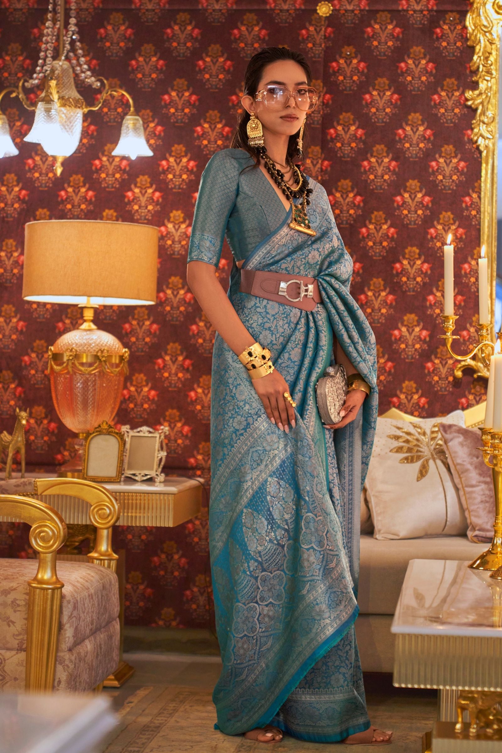 Teal Blue Multi Zari Weaving Silk Saree