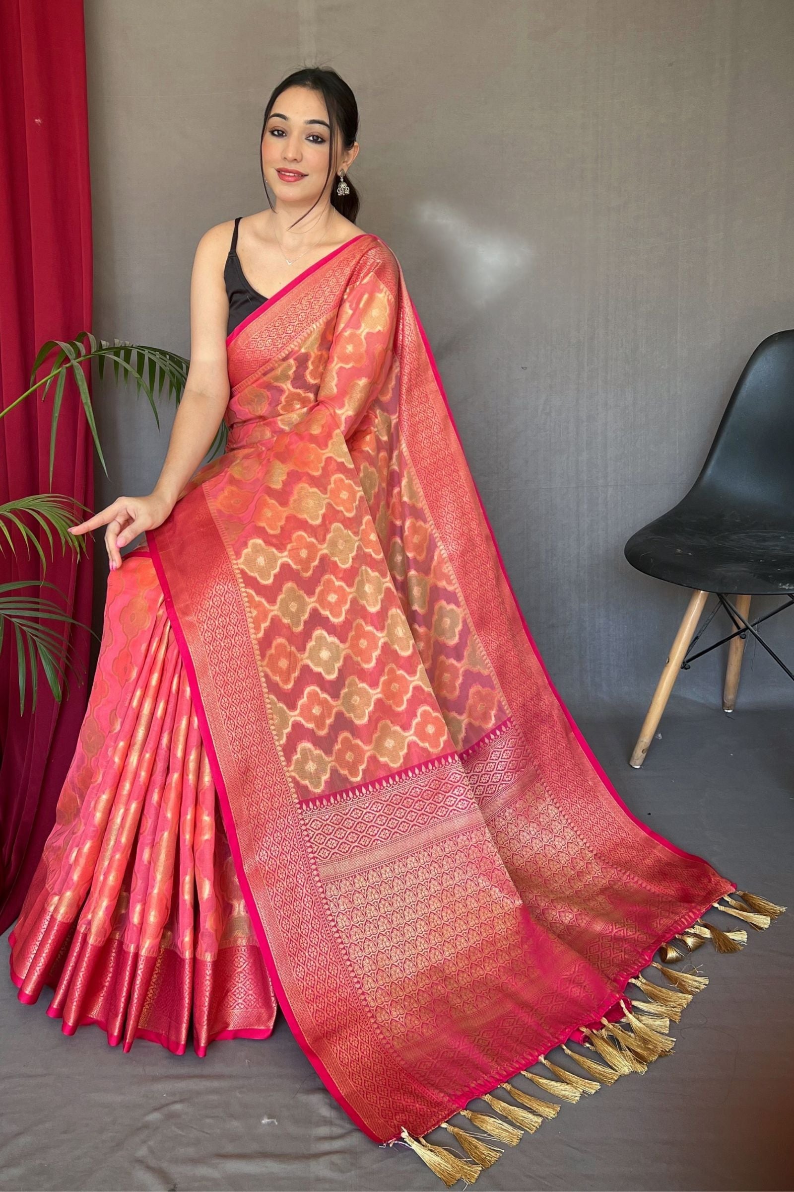 Apple Red Tissue Silk Saree With Golden Zari