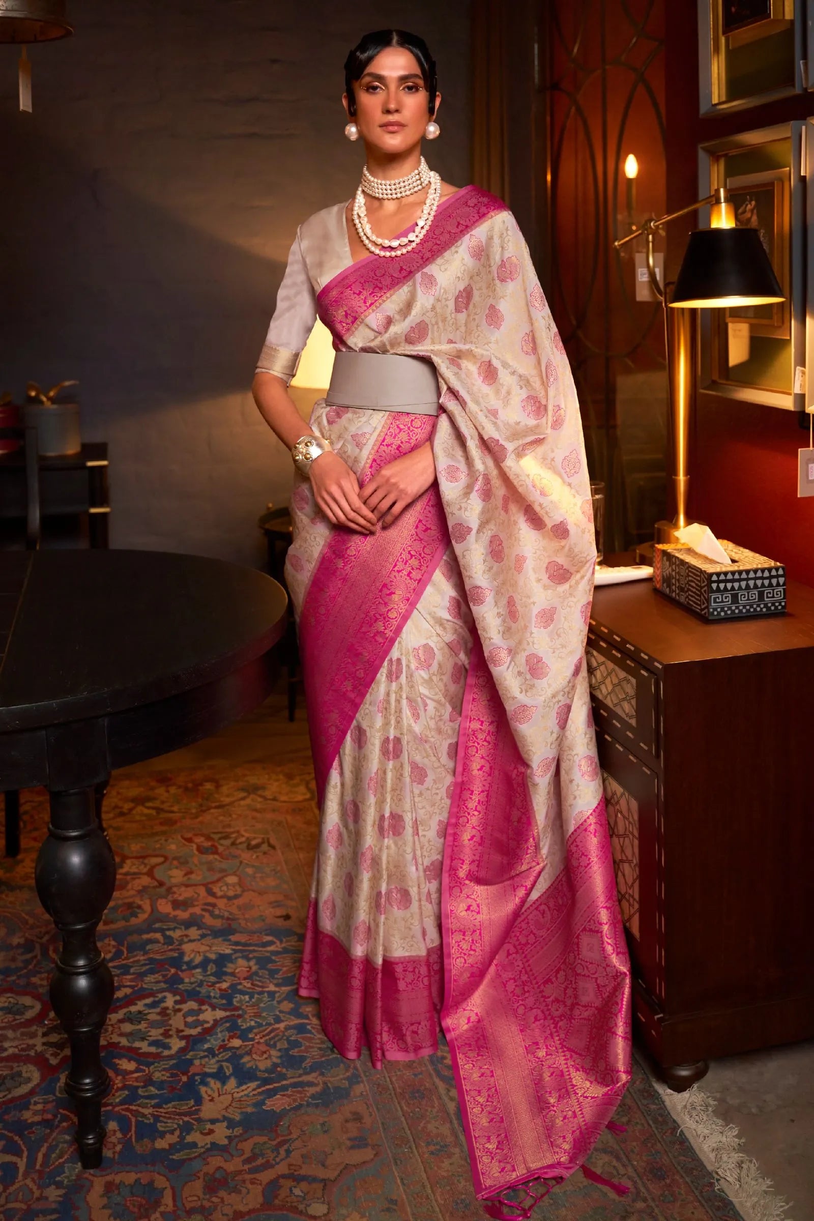 Cream Pink Banarasi Silk Saree
