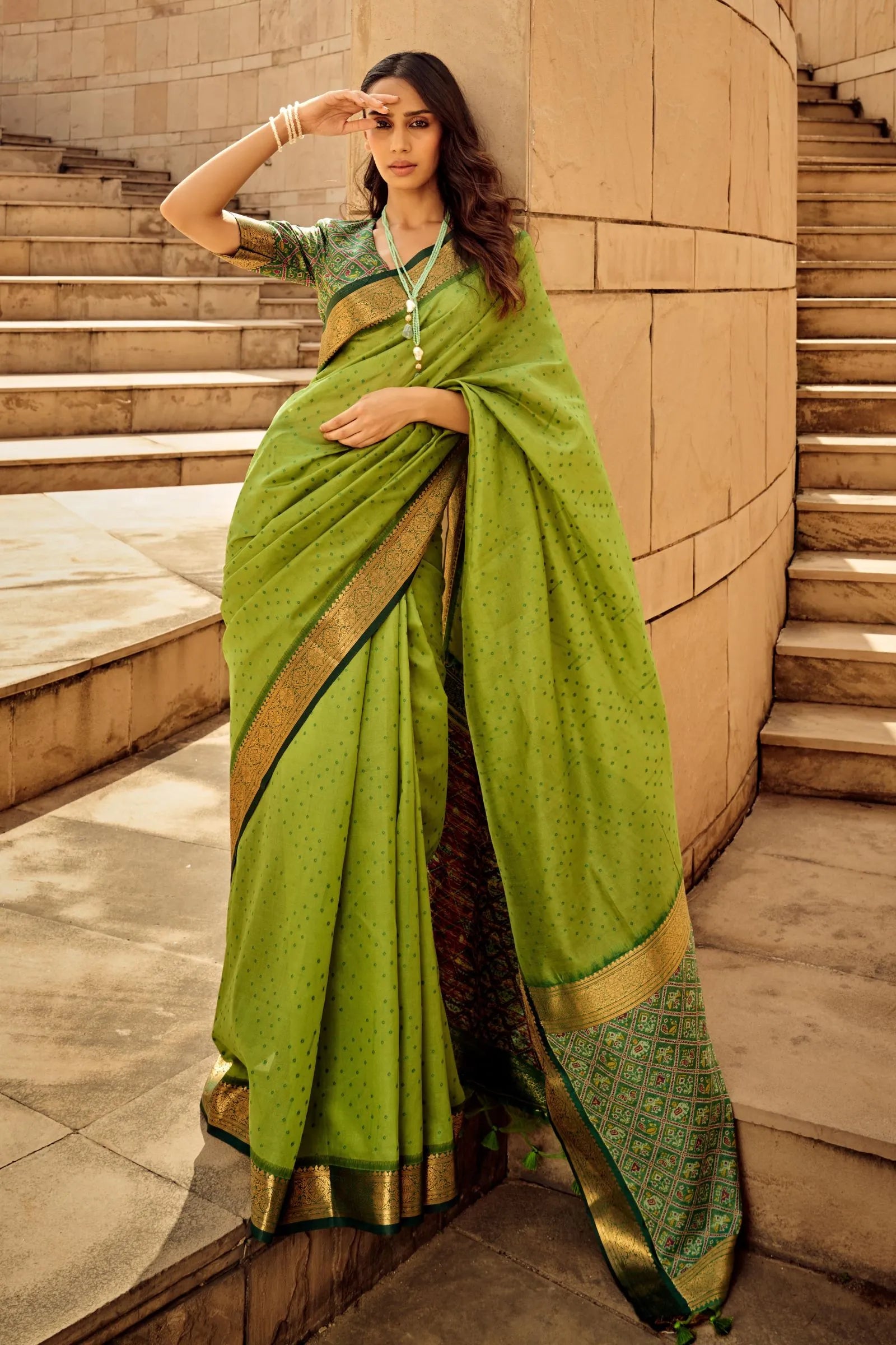 Leaf Green Handblock Weaving Silk Saree