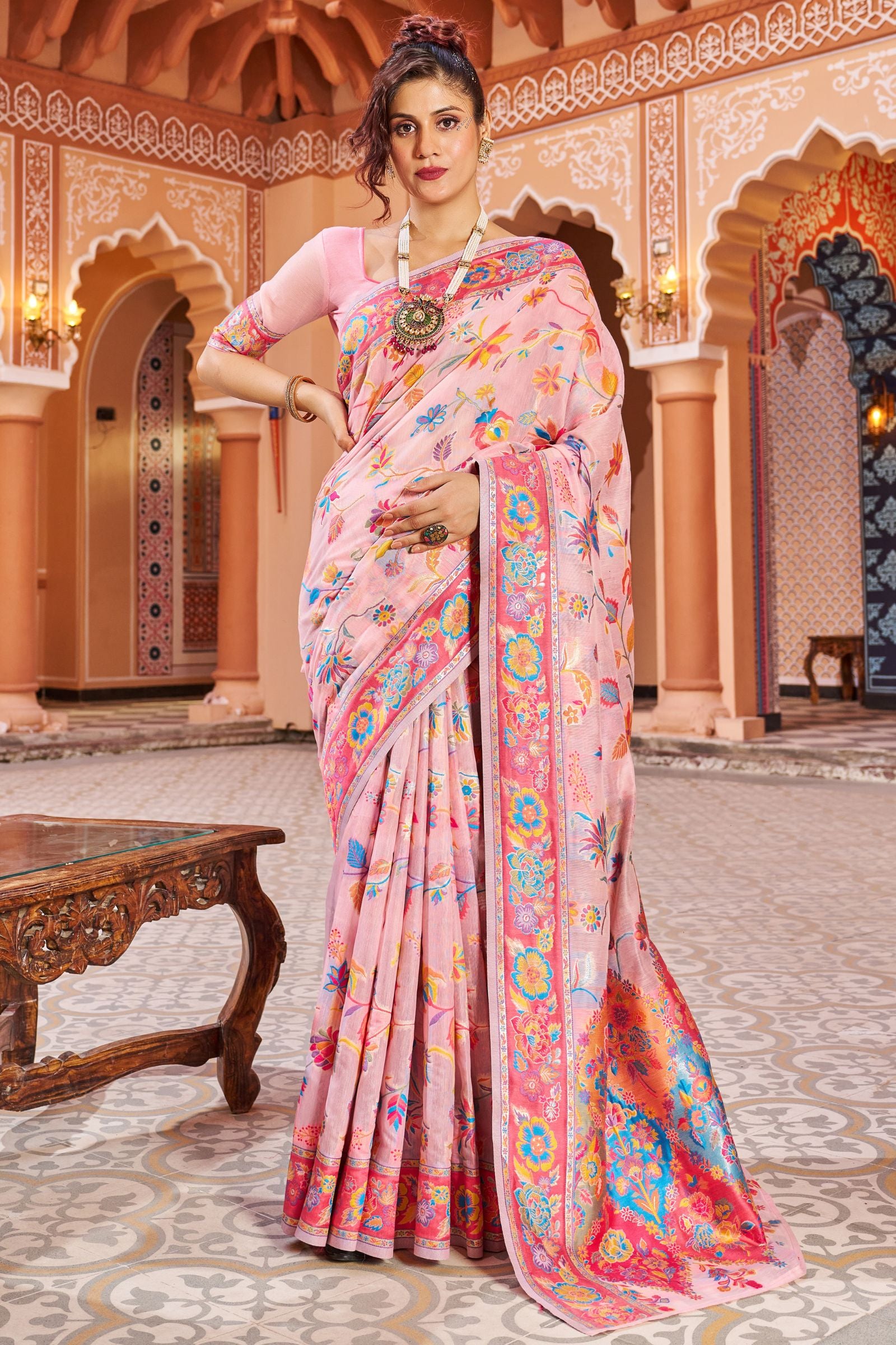 Pastel Pink Pashmina Craft Cotton Silk Saree