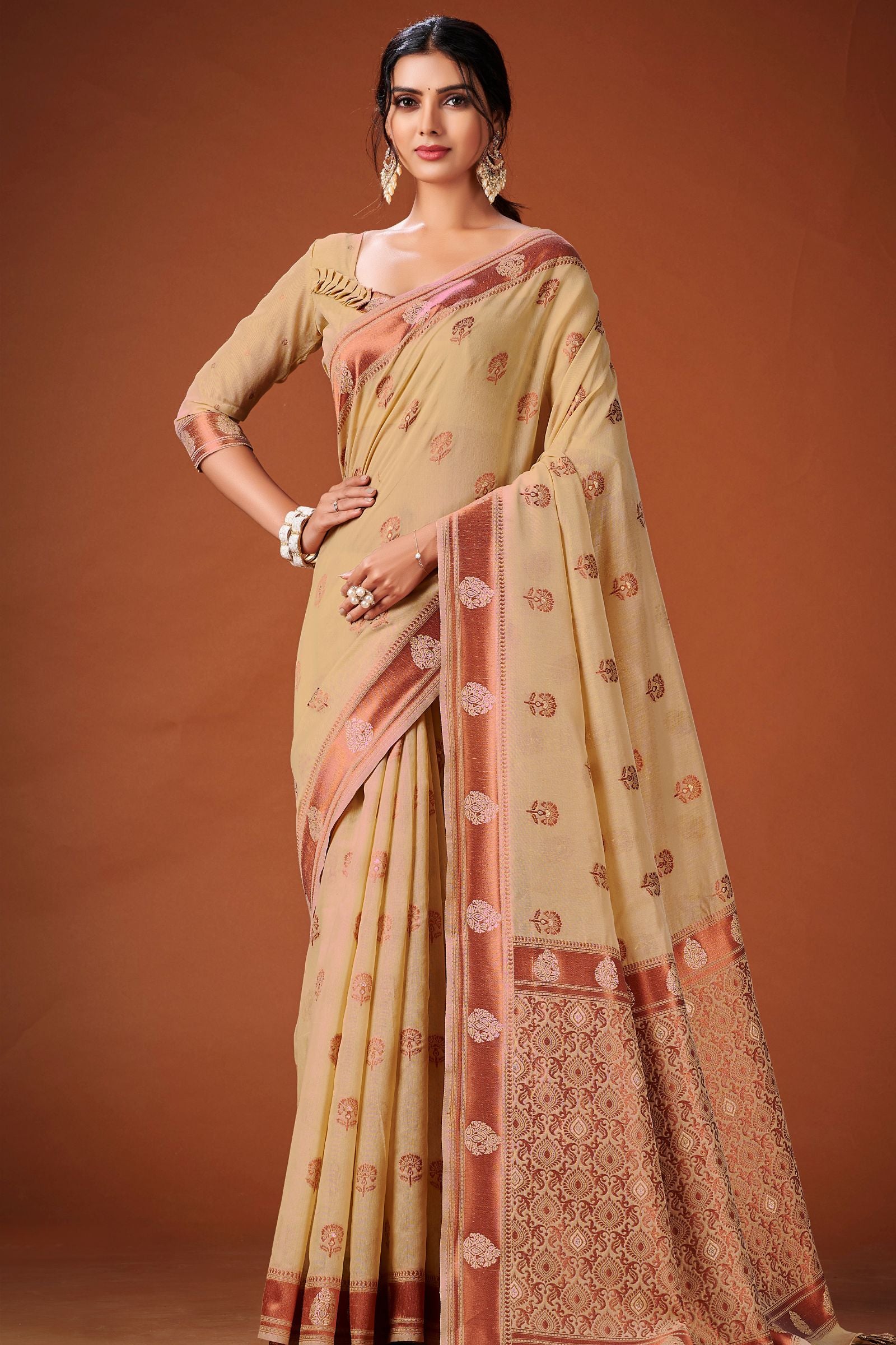 Camel Color Cotton Silk Saree with Copper Zari - Iraah.Store