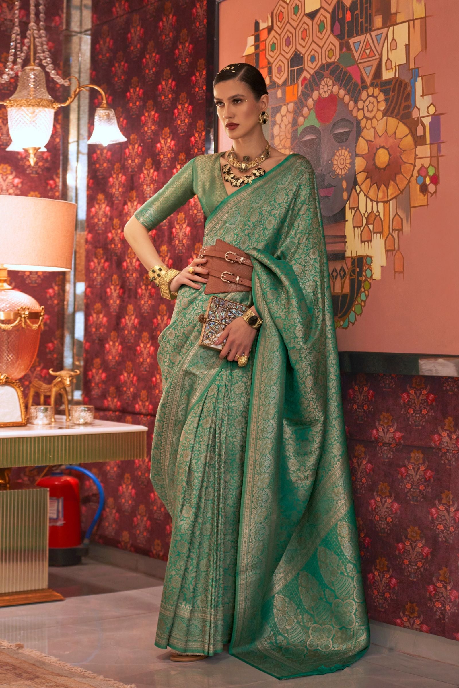 Persian Green Multi Zari Weaving Silk Saree