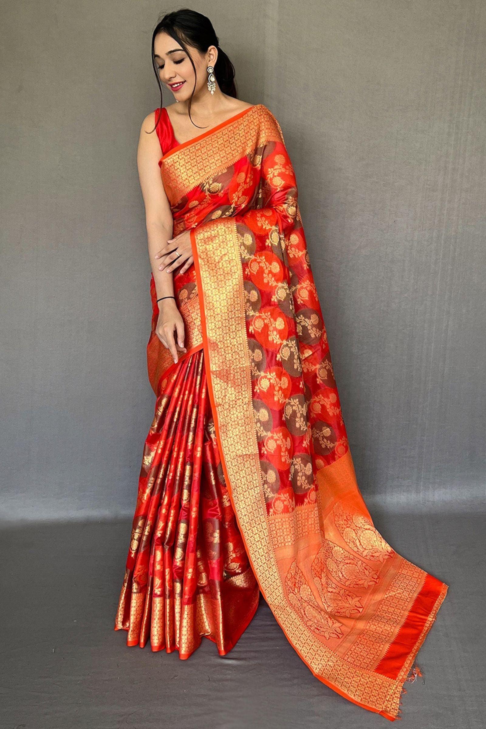 Orange Zari Weaving Organza Silk Saree - Iraah.Store