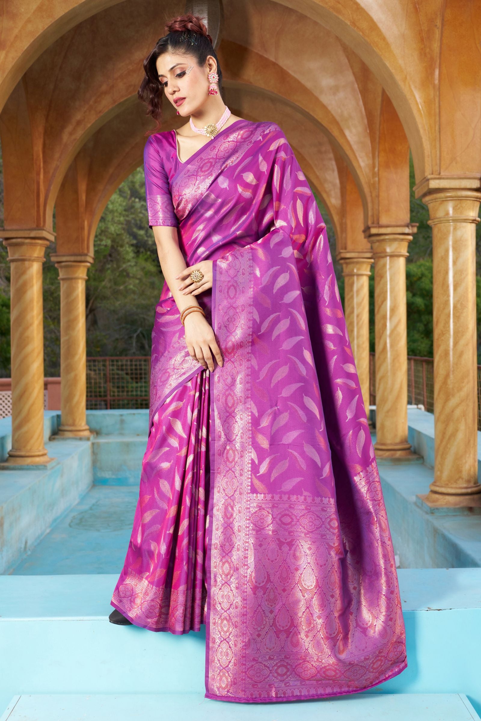 Purple Feather Pattern Silk Saree