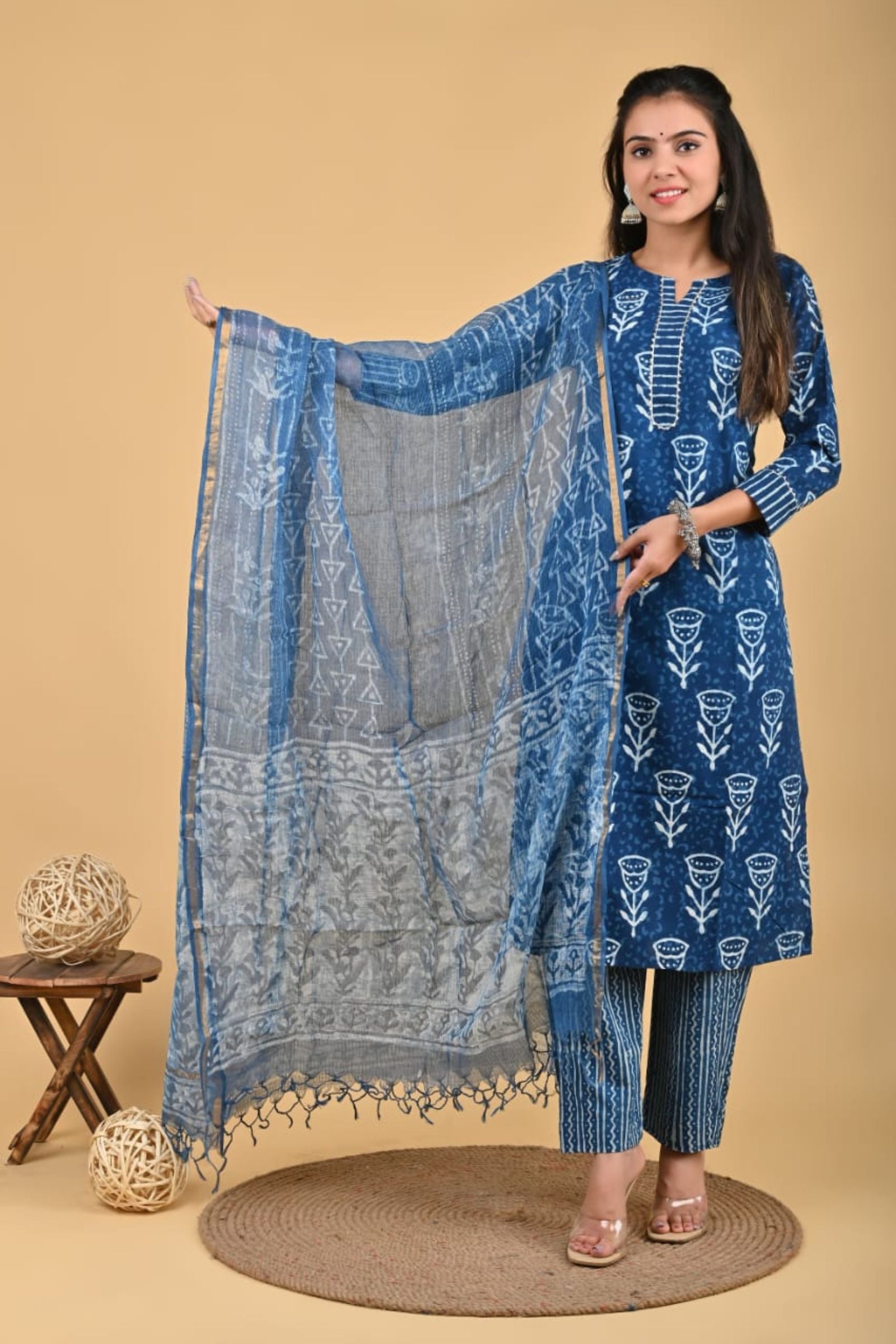Teal Blue Print Suit Set with Doriya Duppatta