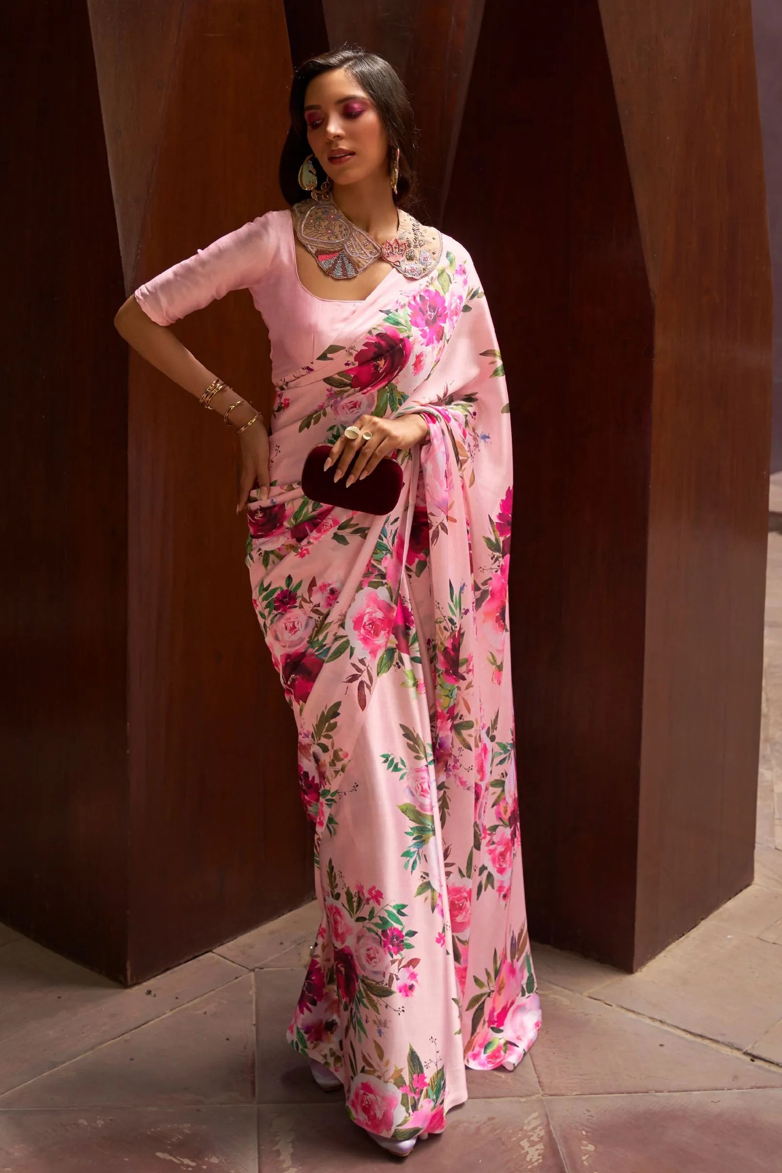 Pastel Pink Printed Satin Saree