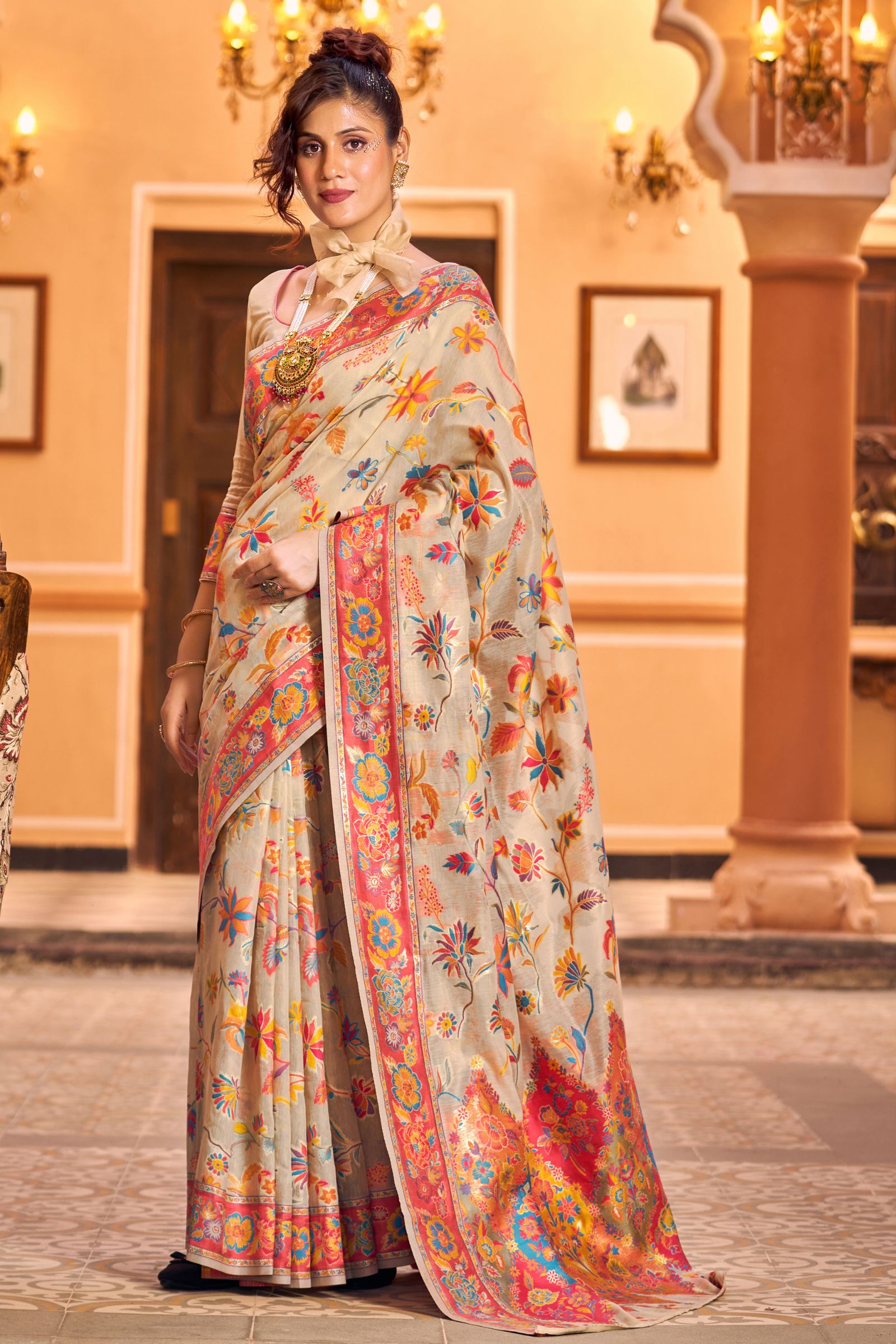Beige Pashmina Craft Cotton Silk Saree