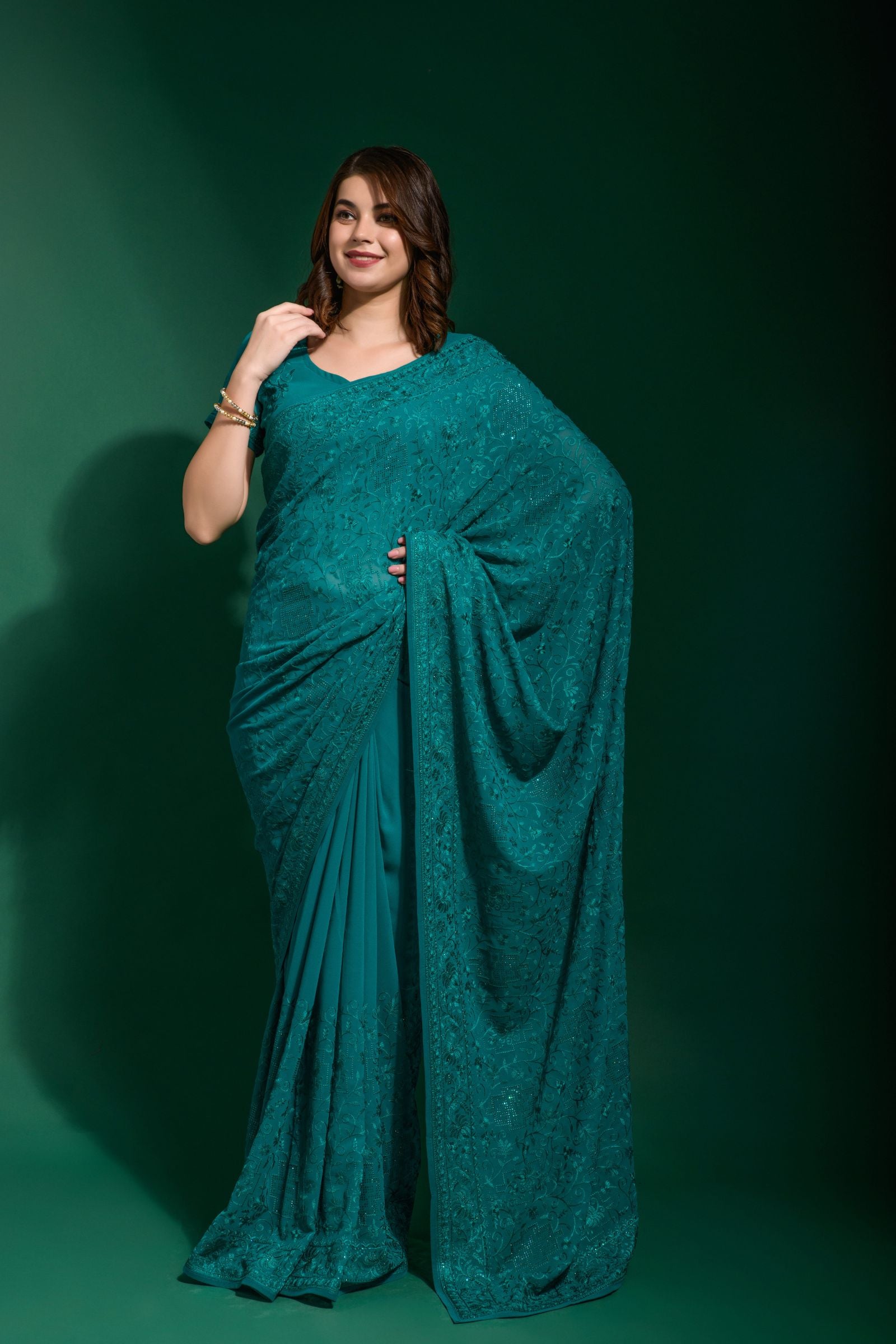 Teal Blue Embroidered Georgette Saree