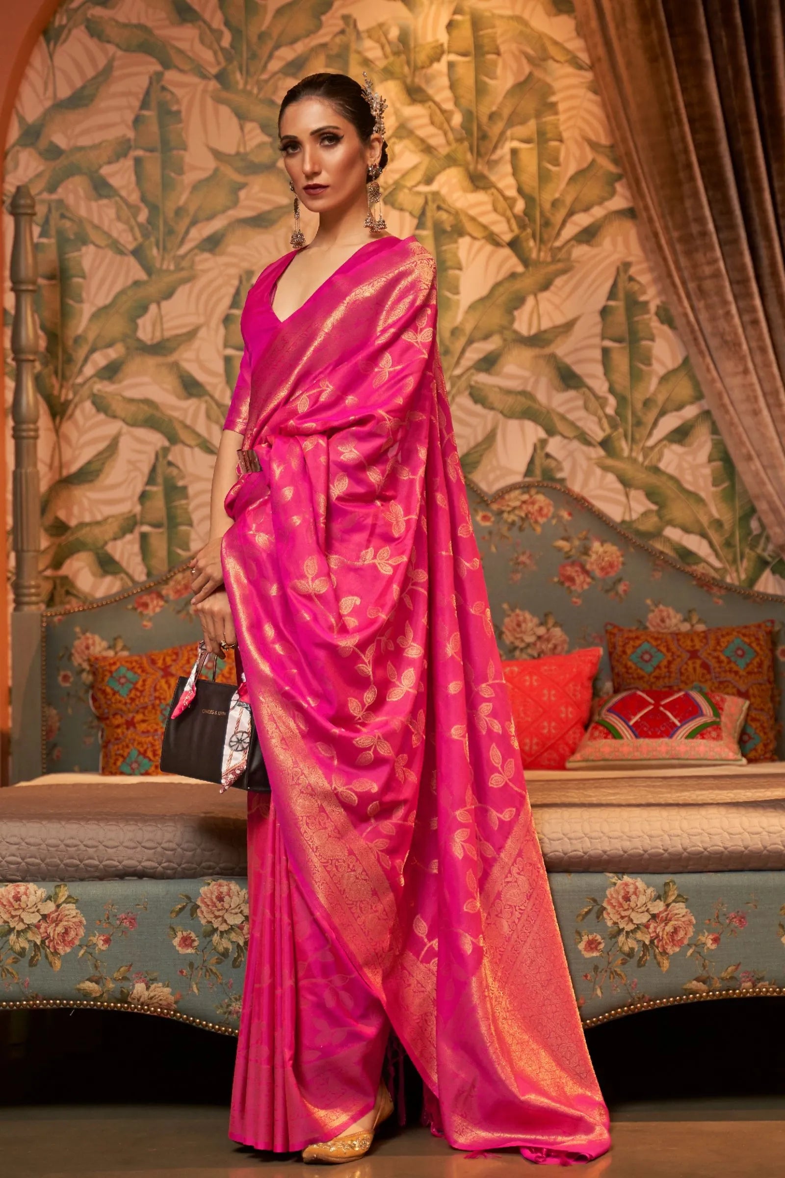 Hot Pink Leaf Printed Chinon Silk Saree