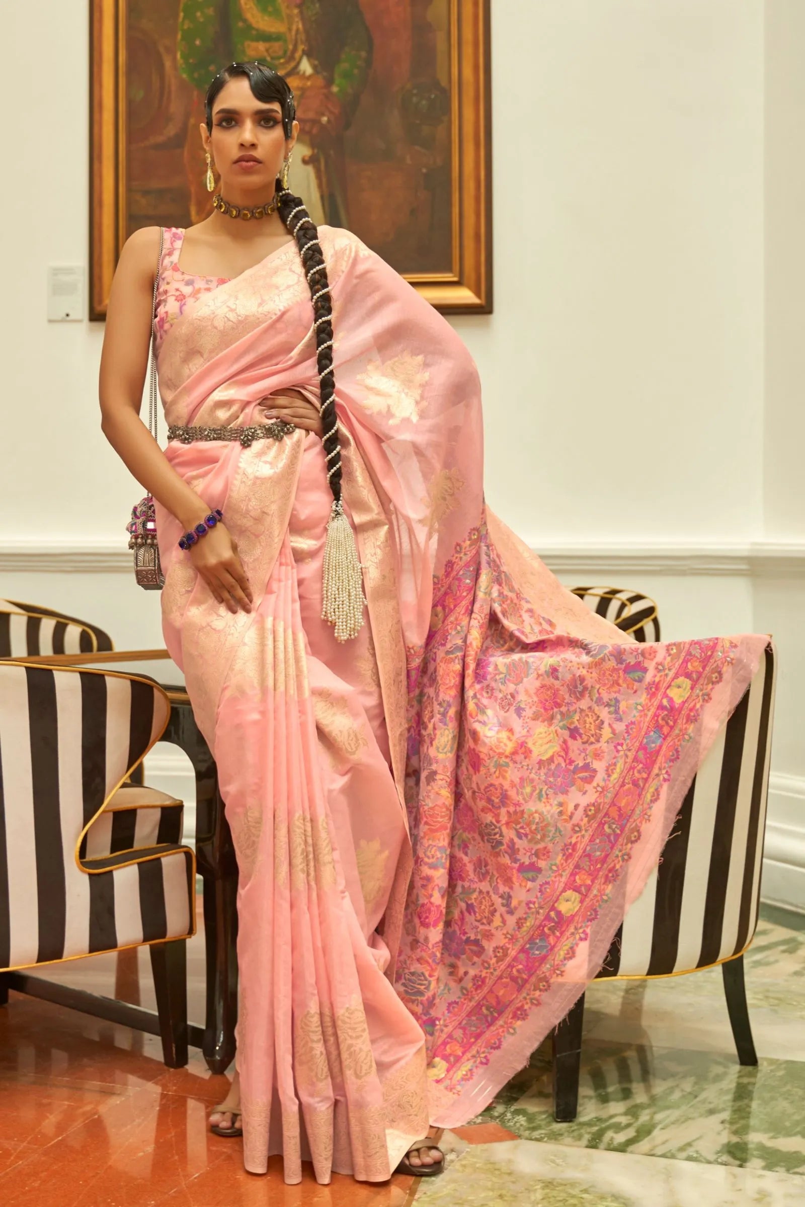 Baby Pink Kashmiri Pallu Modal Saree