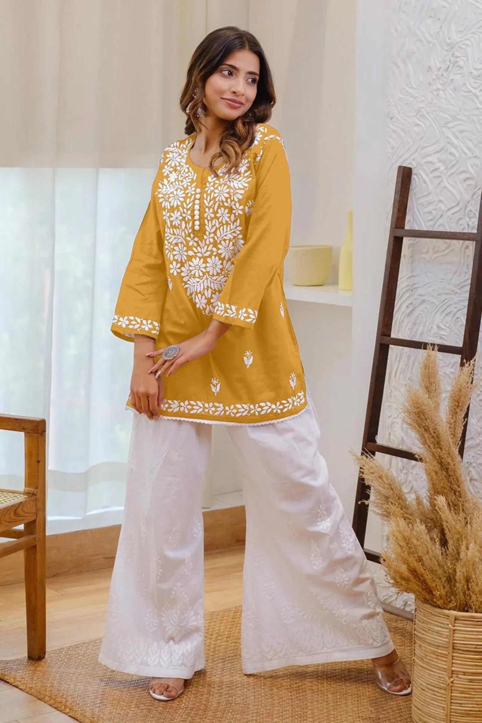 Yellow Kurti & White Plazo Embroidery Work Suit Set