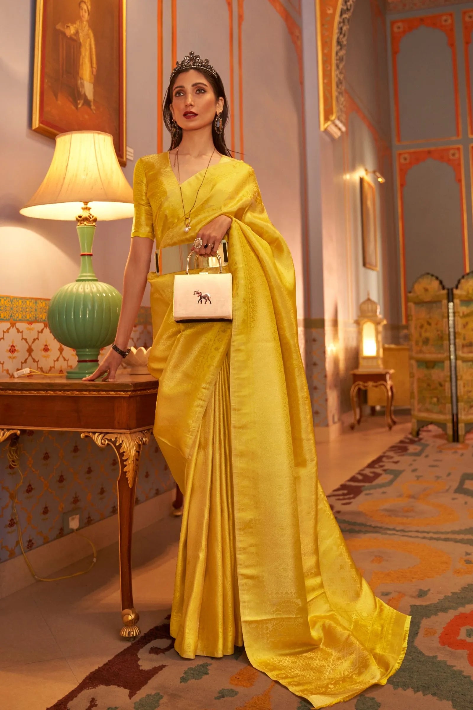 Bright Yellow Zari Weaving Satin Saree