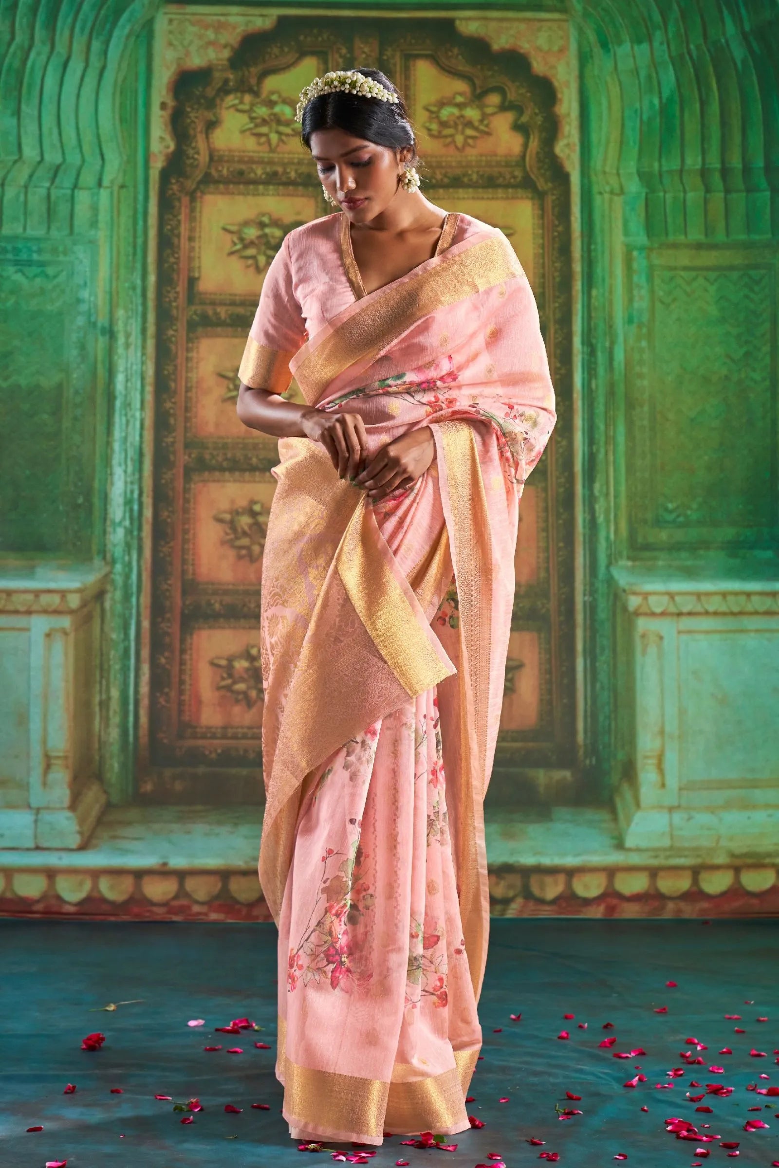 Baby Pink Printed Silk Saree