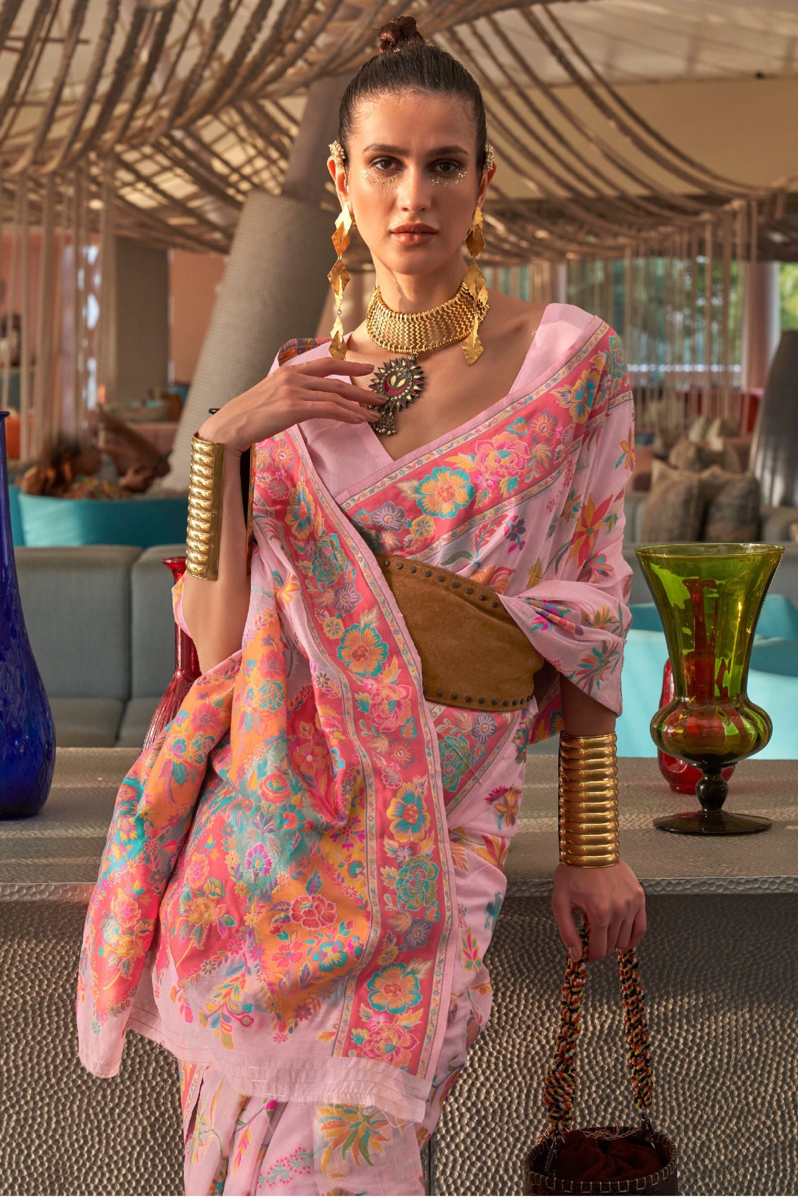  Baby Pink Pashmina Craft Cotton Silk Saree