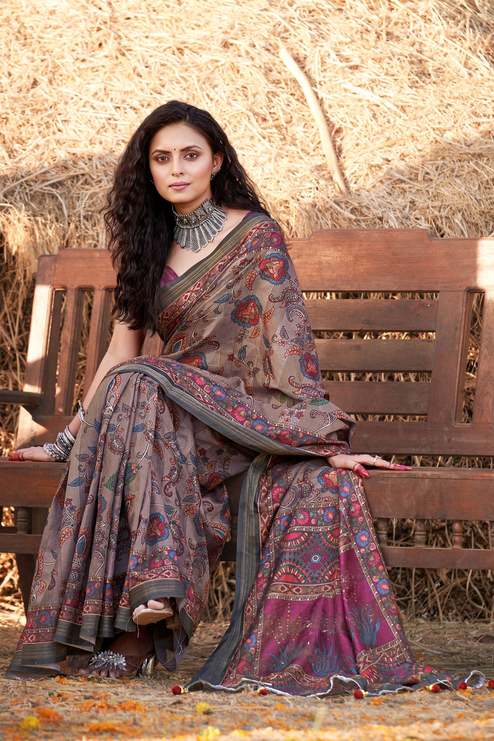 Chocolate Brown Silk Saree with Multicolor Floral Print