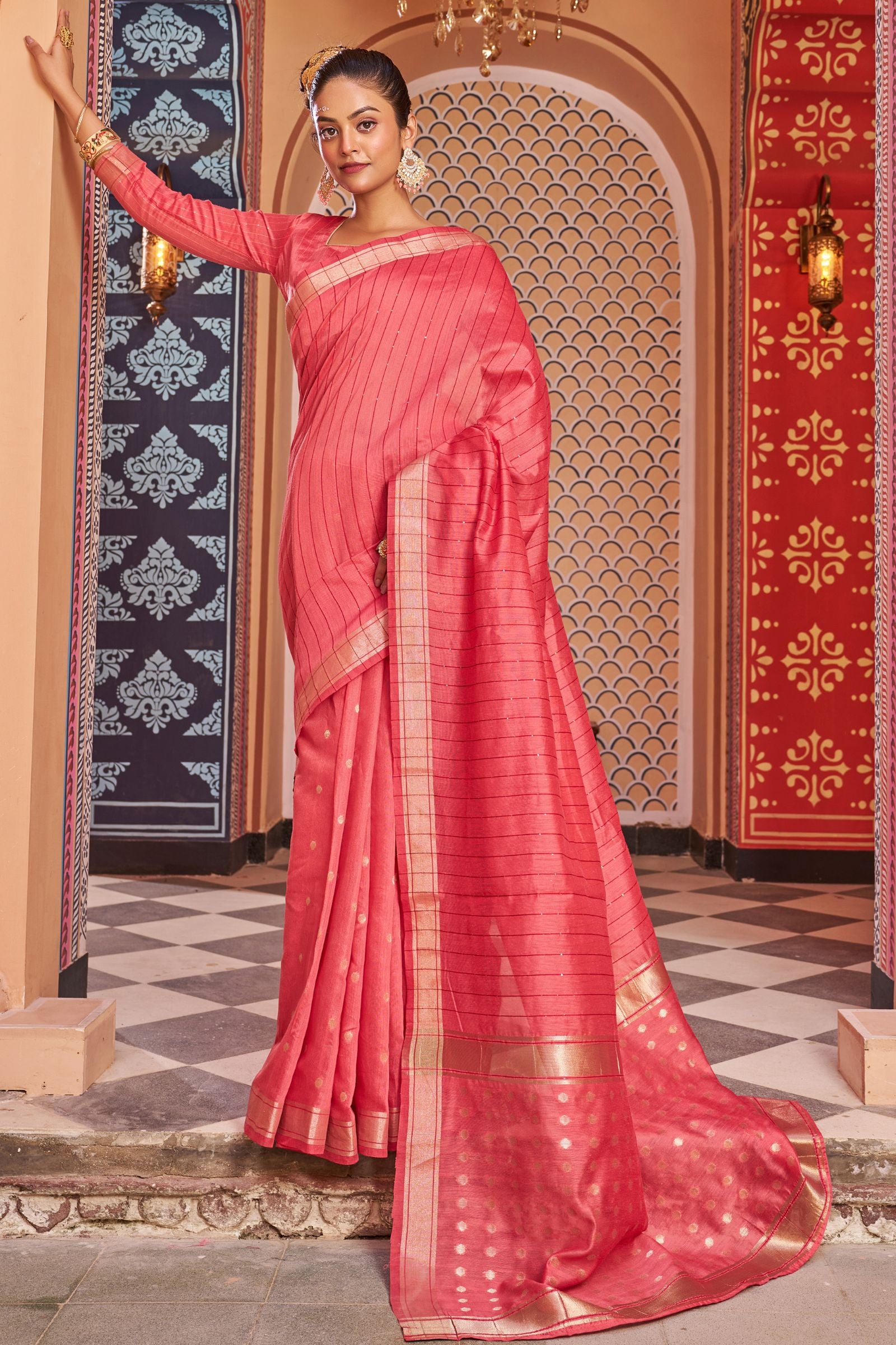 Carrot Red Cotton Sequins Striped Saree