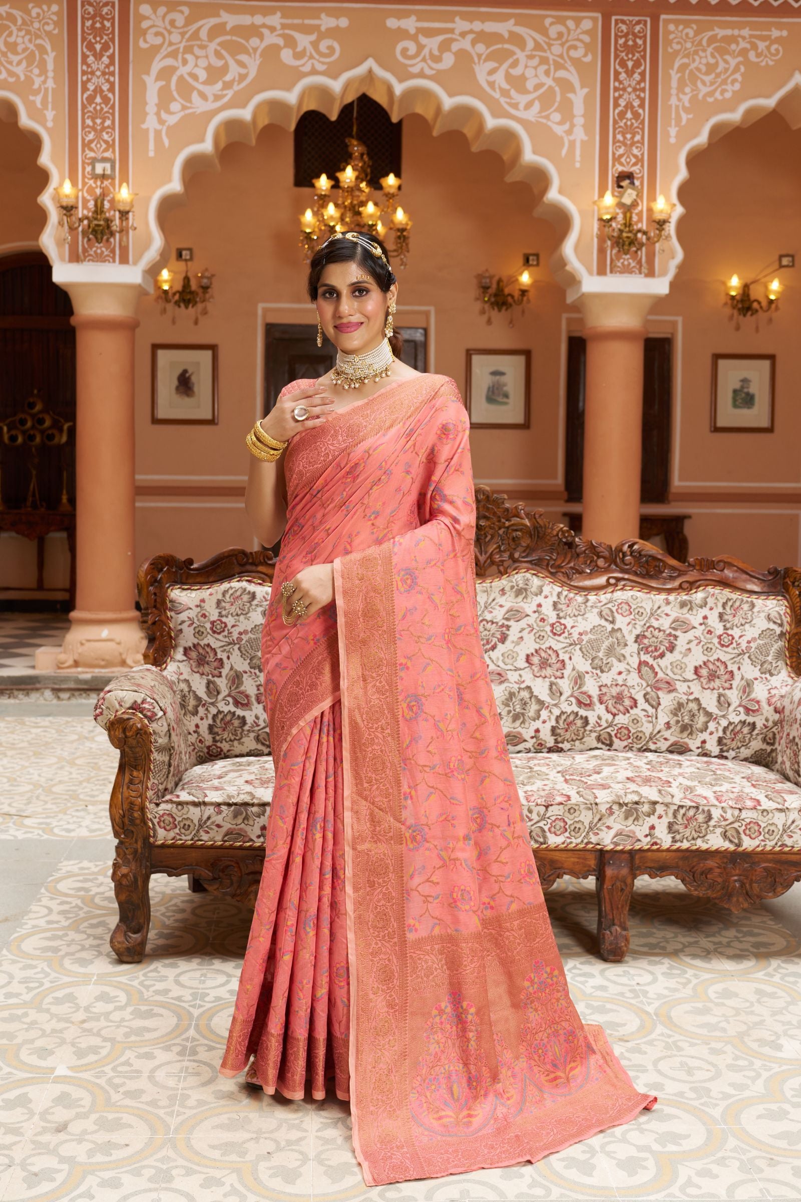 Blush Pink Floral Zari Woven Pashmina Saree
