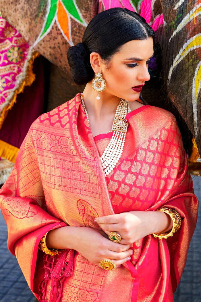 Step into elegance with this dark pink Kanjivaram silk saree, intricately  adorned with floral veins in luminous copper zari. The… | Instagram