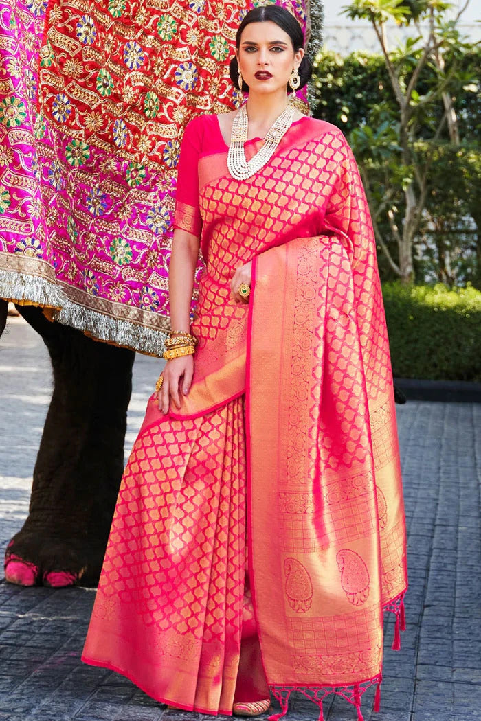 Buy Pink Kanjivaram Silk Woven Classic Sari Online : Fiji -
