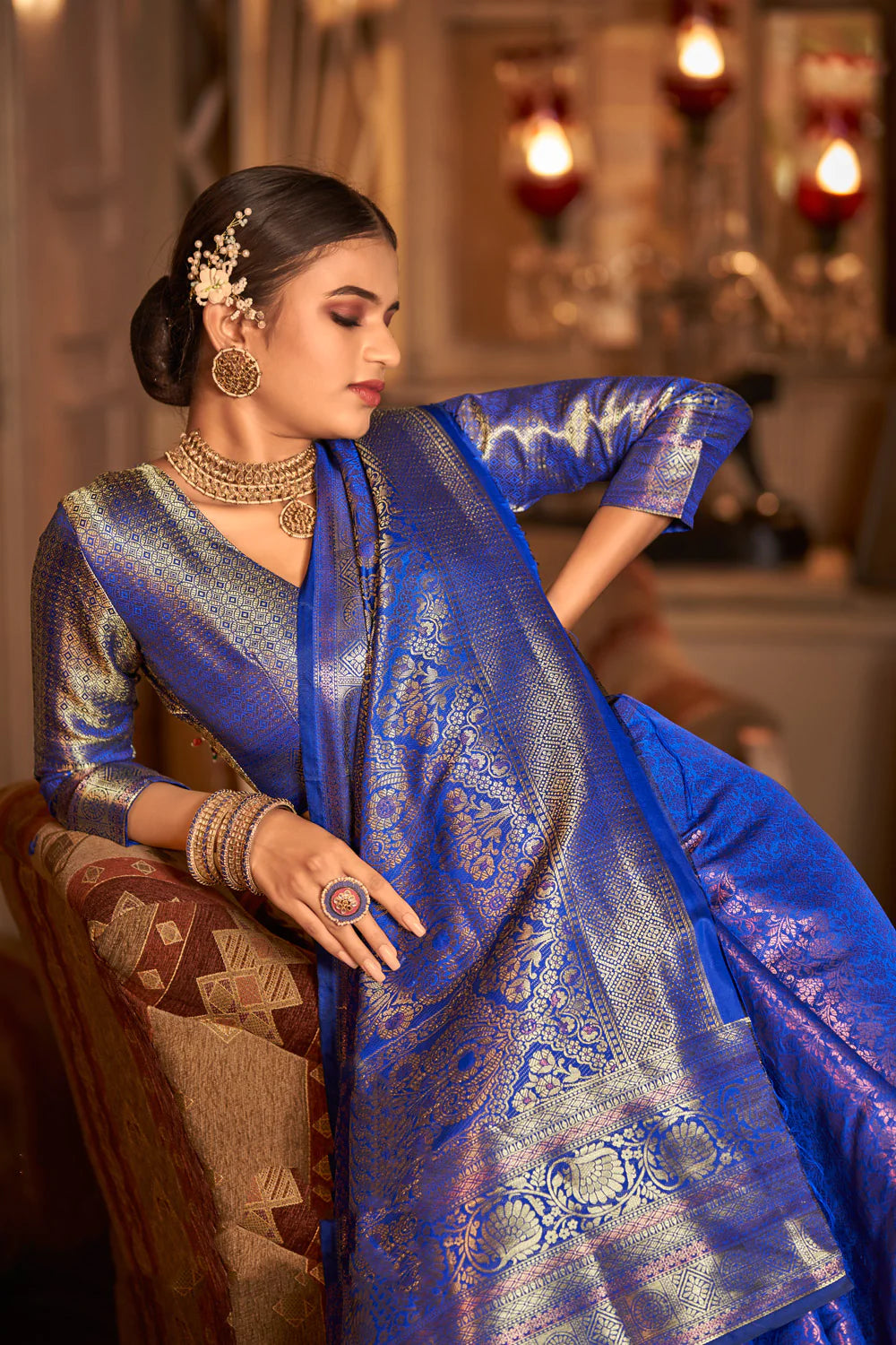Royal Blue Self Design Banarasi Silk Saree