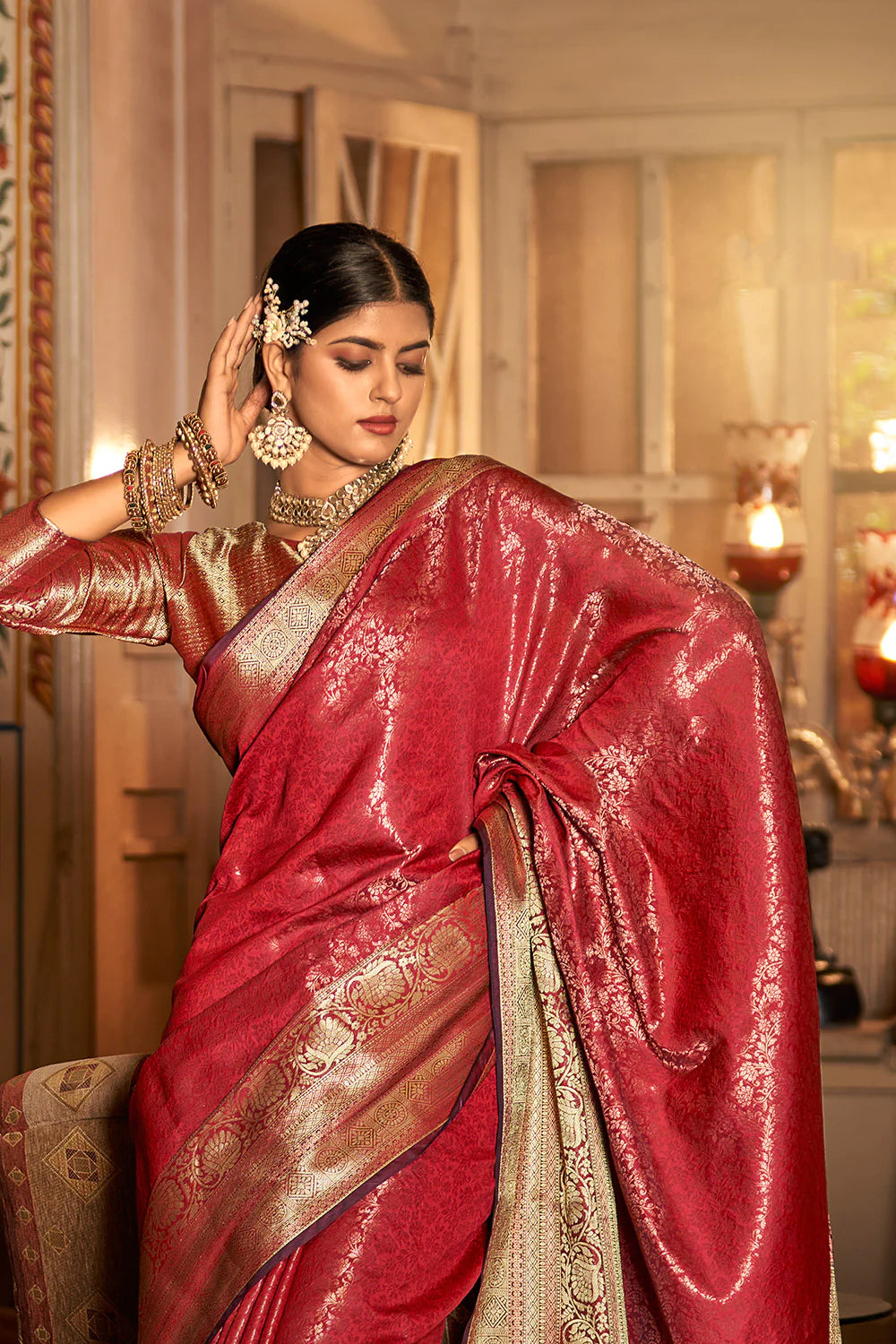 Red And Golden Banarasi Silk Saree