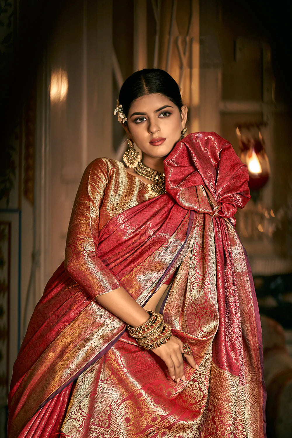 Red And Golden Banarasi Silk Saree