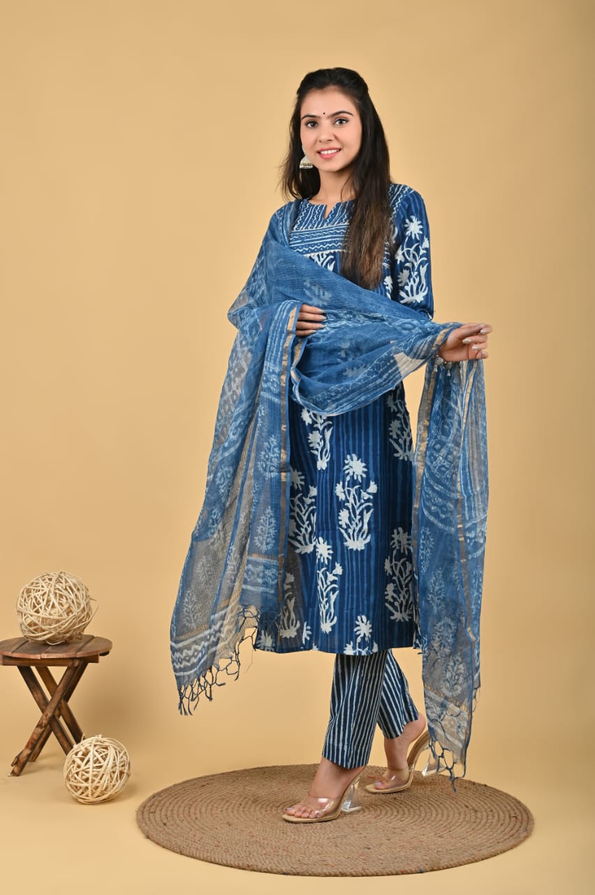 Cobalt Blue Print Suit Set with Doriya Duppatta