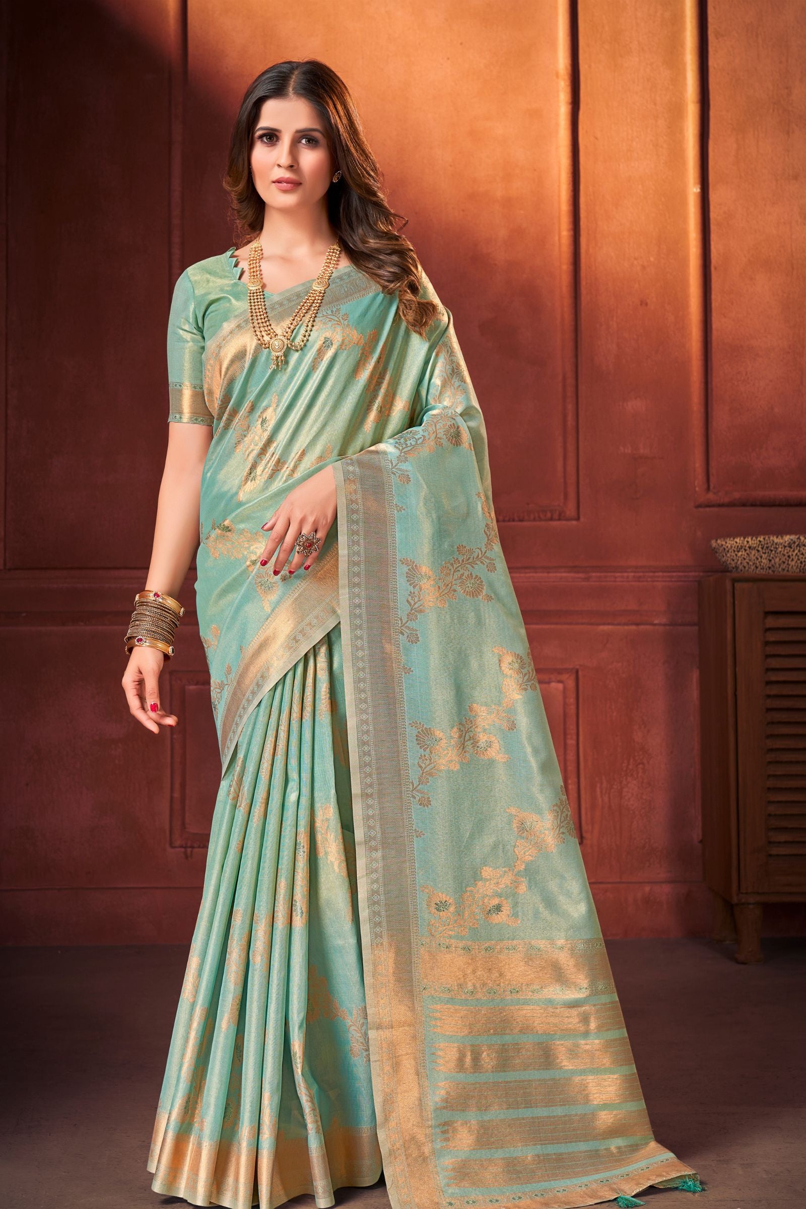 Sky Blue Tissue Silk Saree with Golden Zari - Iraah.Store