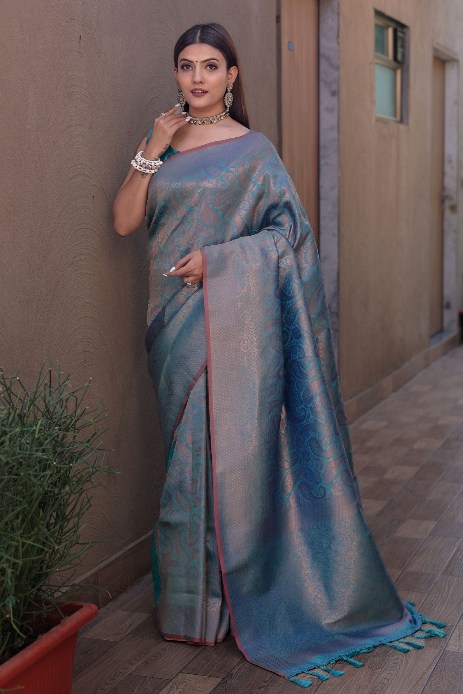 Teal Blue Kanjivaram Silk Saree with Copper Zari Weave - Iraah.Store