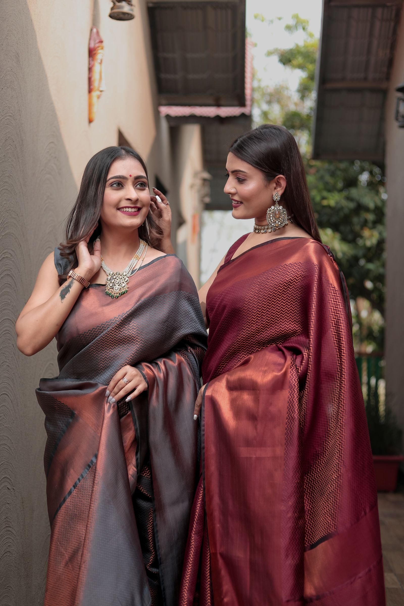 Maroon Kanjivaram Silk Saree with Copper Zari Weave - Iraah.Store