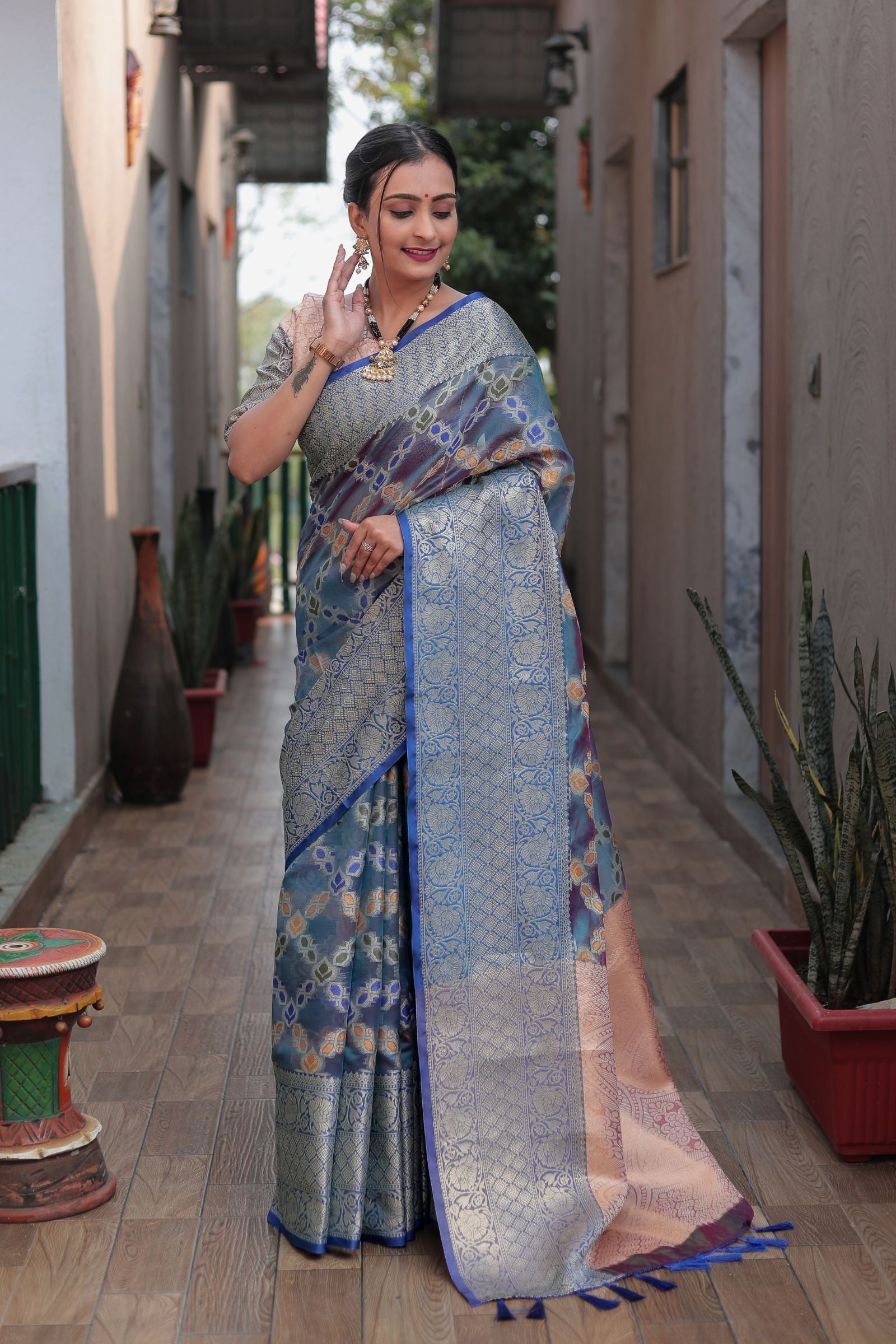 Steel Blue Banarasi Katan Silk Saree with Silver Zari - Iraah.Store
