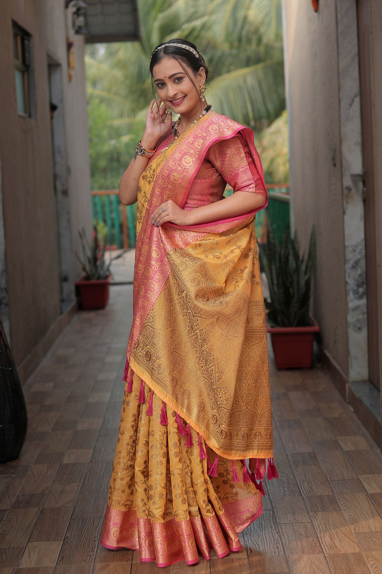 Bright Yellow Banarasi Katan Silk Saree with Golden Zari - Iraah.Store