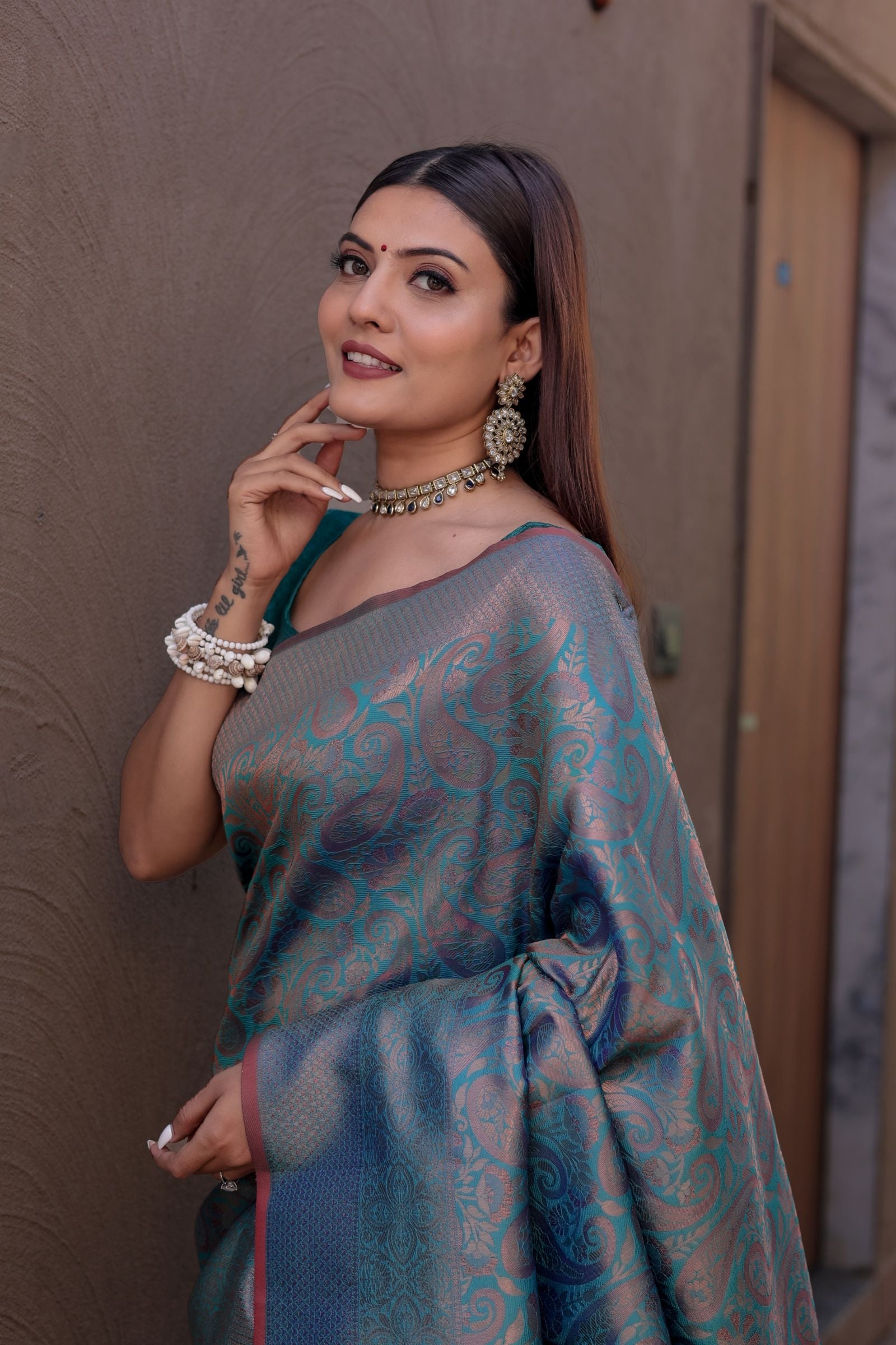 Teal Blue Kanjivaram Silk Saree with Copper Zari Weave - Iraah.Store
