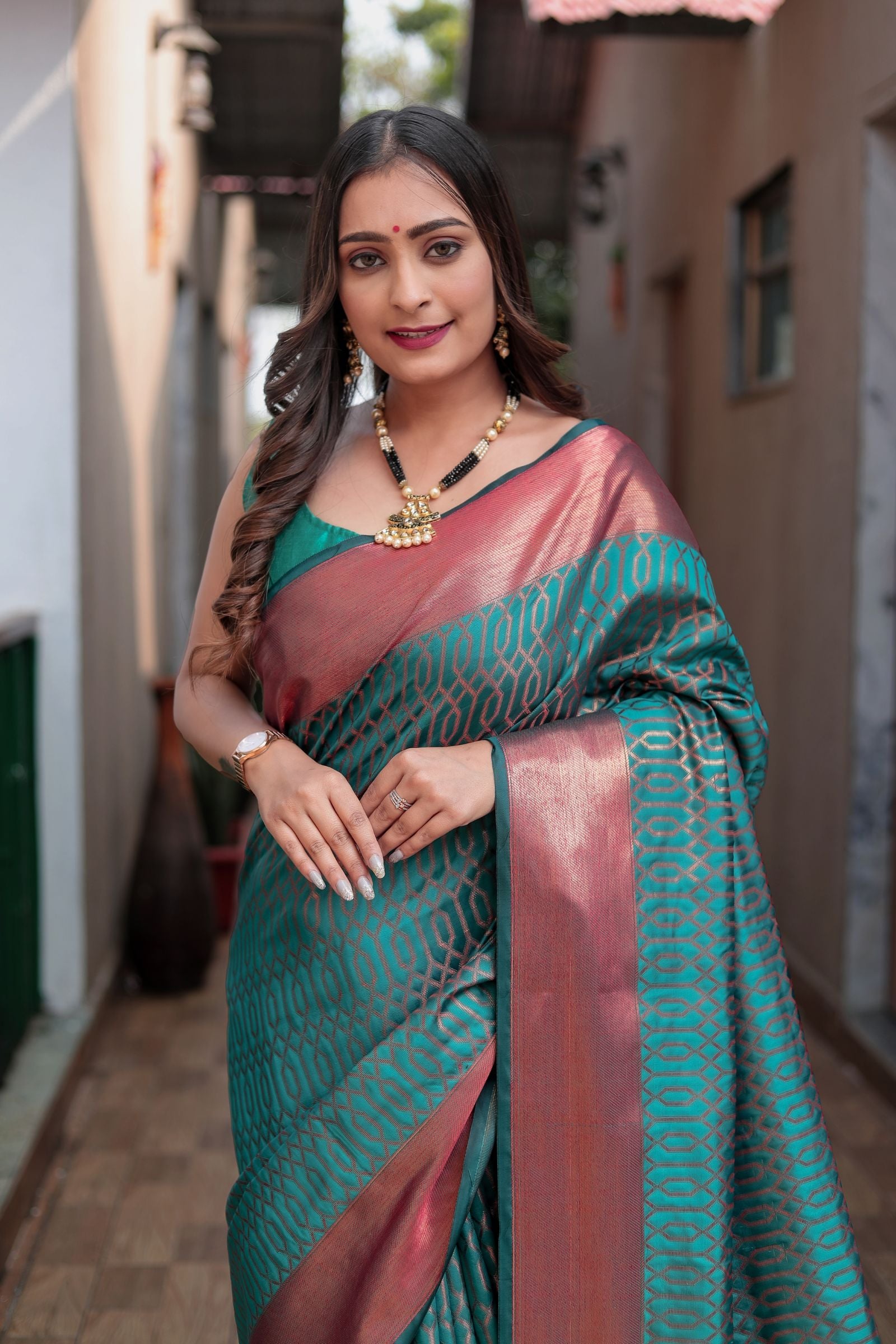Turquoise Banarasi Silk Saree with Copper Zari - Iraah.Store