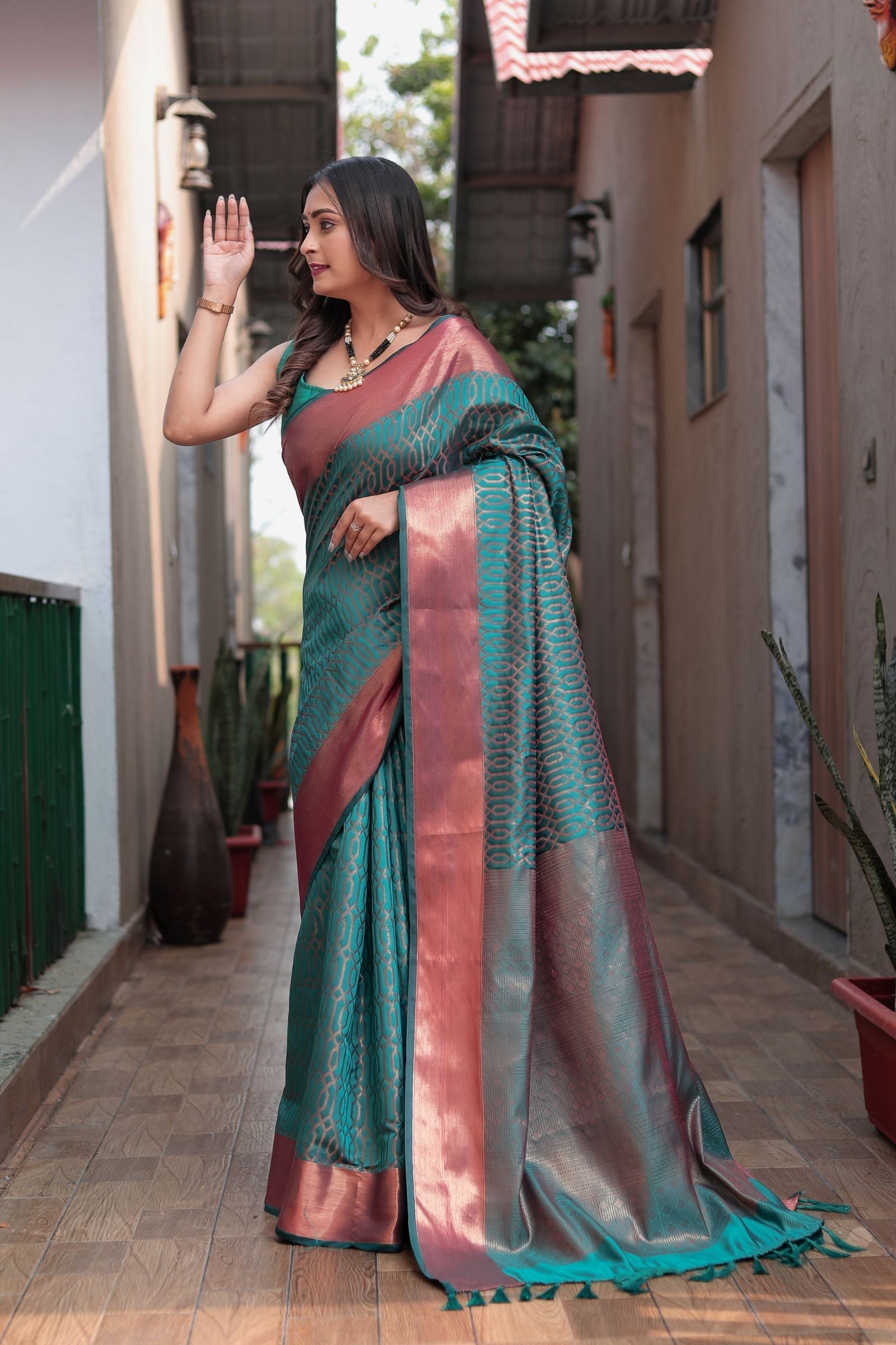 Turquoise Banarasi Silk Saree with Copper Zari - Iraah.Store