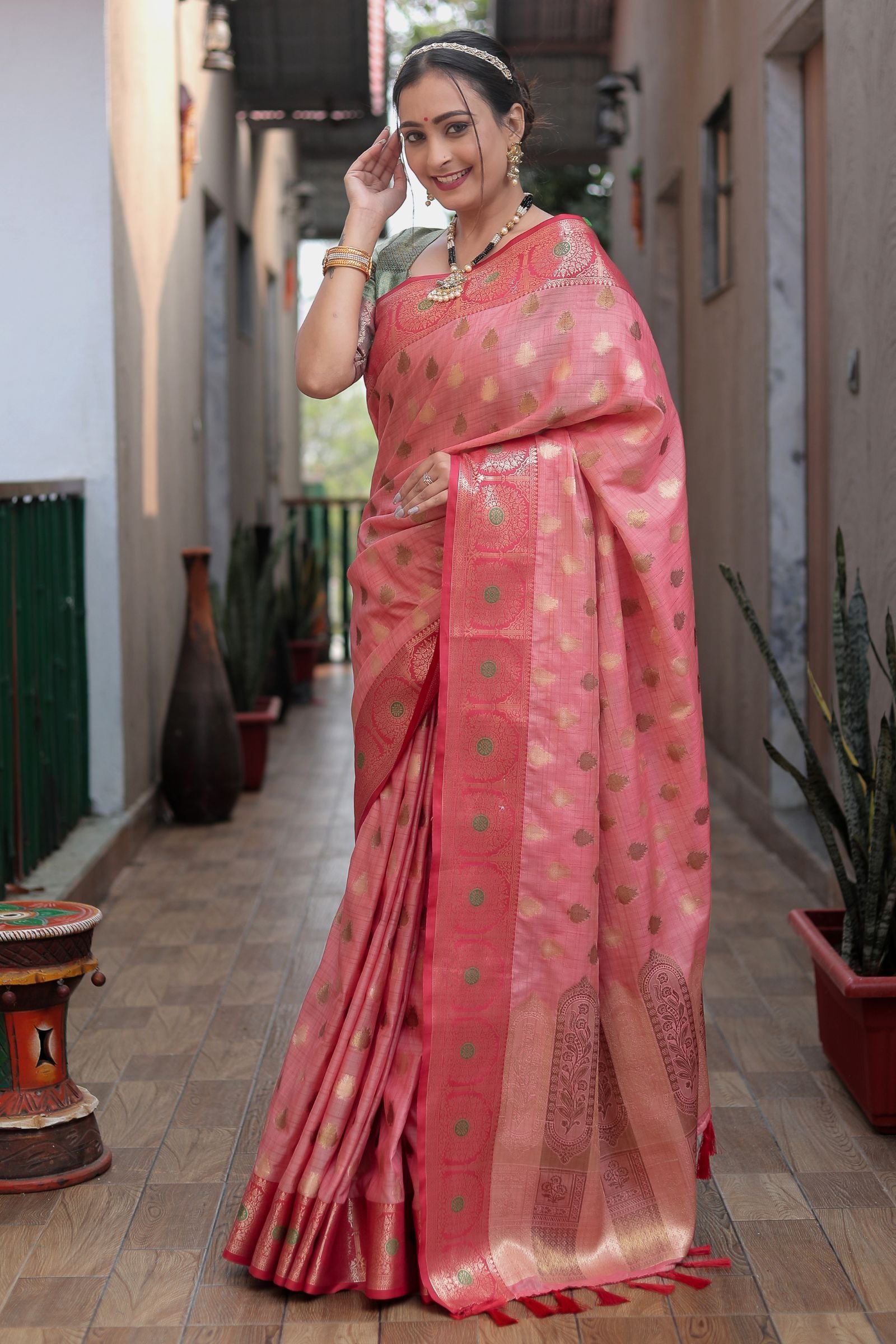 Light Red Banarasi Katan Silk Saree with Golden Zari - Iraah.Store
