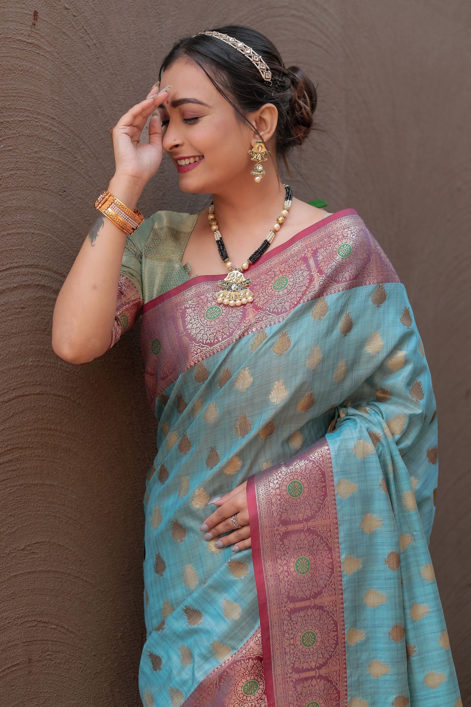 Turquoise Banarasi Katan Silk Saree with Golden Zari - Iraah.Store