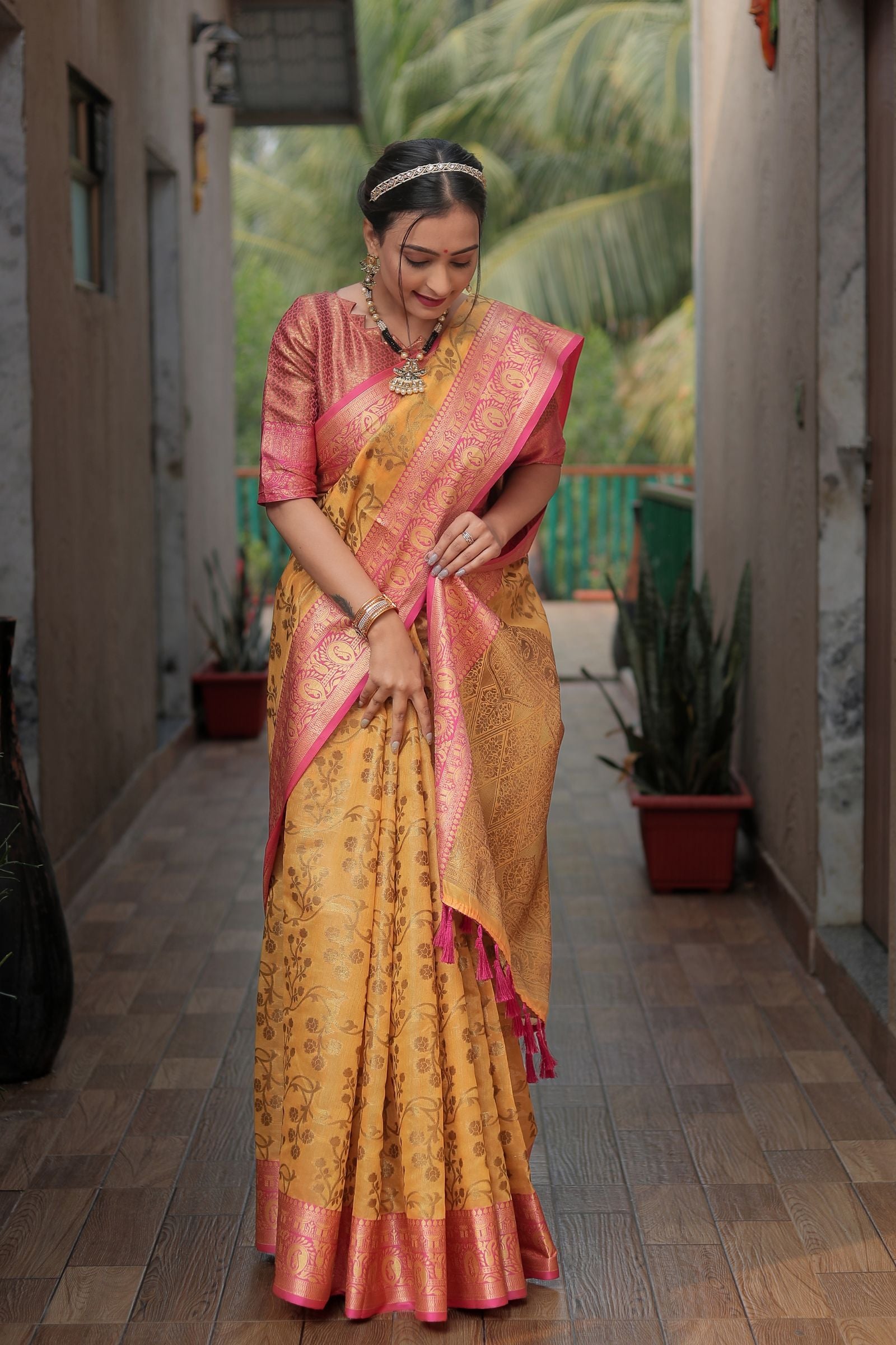 Bright Yellow Banarasi Katan Silk Saree with Golden Zari - Iraah.Store