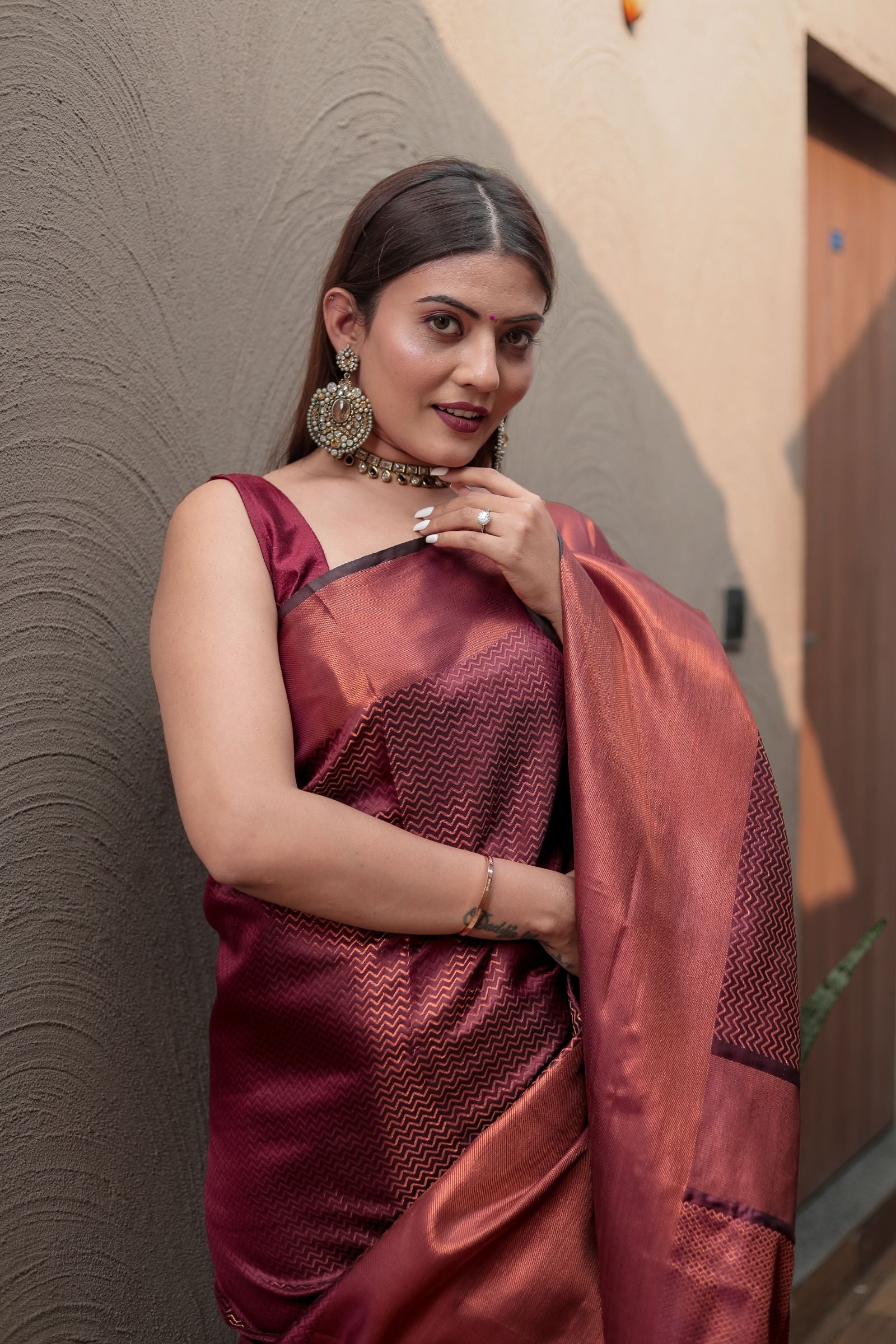 Maroon Kanjivaram Silk Saree with Copper Zari Weave - Iraah.Store