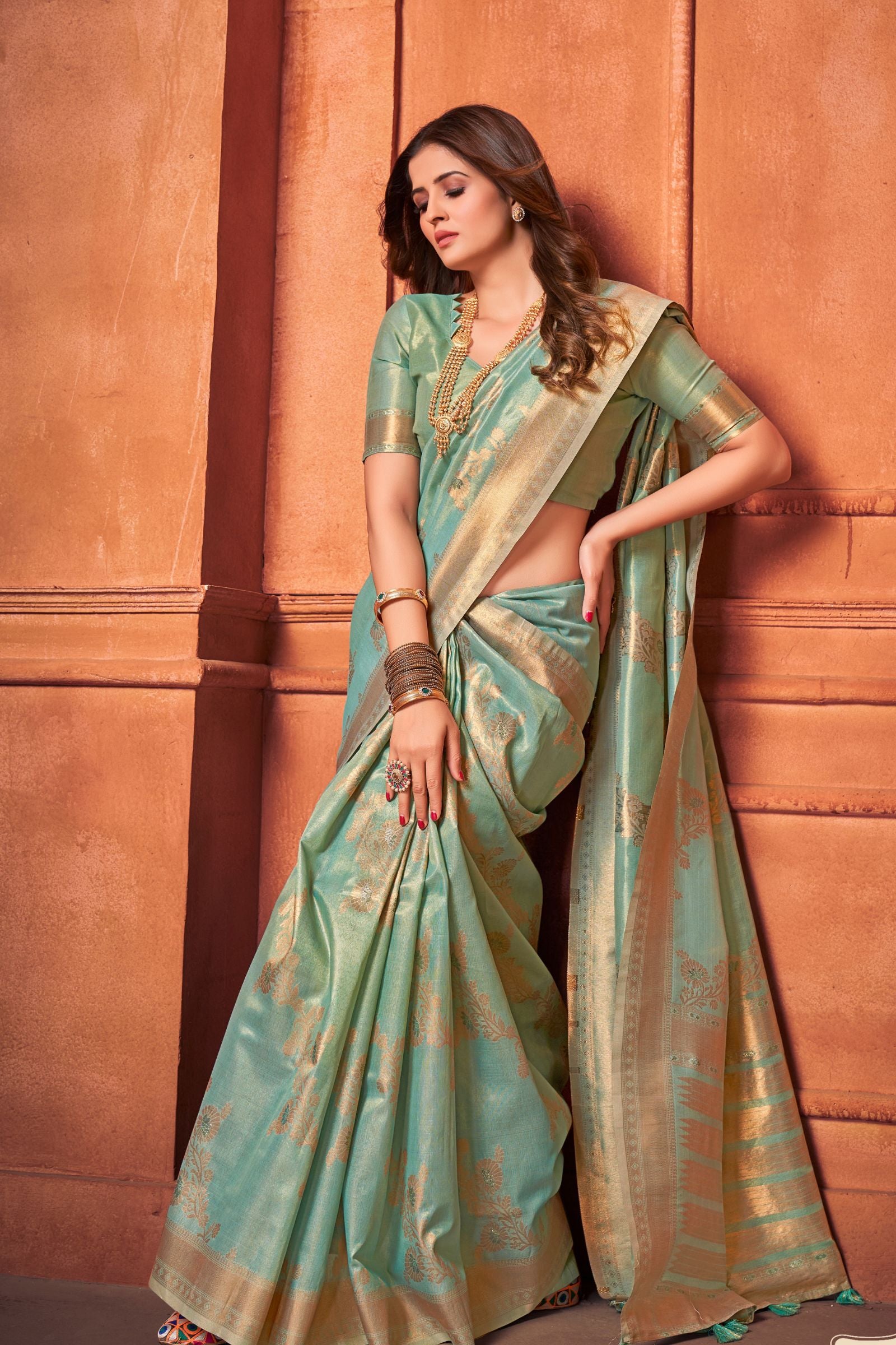 Sky Blue Tissue Silk Saree with Golden Zari - Iraah.Store