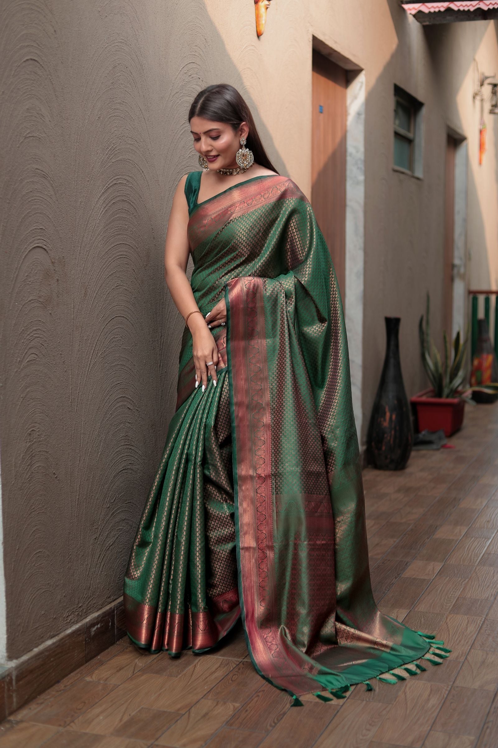 Dark Green Kanjivaram Silk Saree with Copper Zari - Iraah.Store