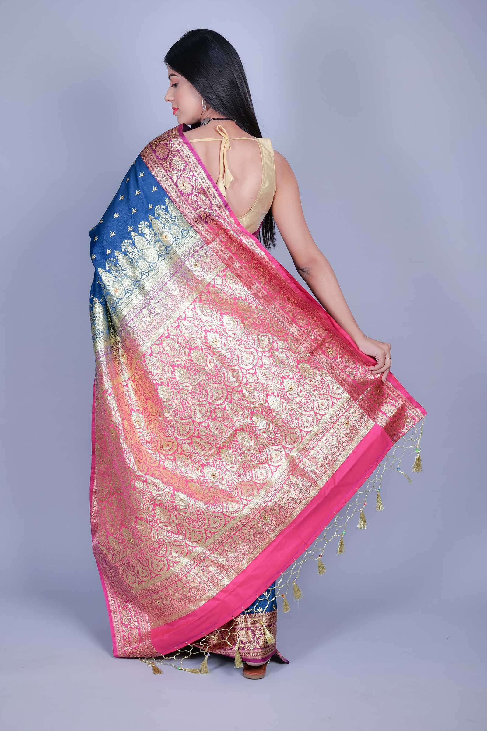Tory Blue Banarasi Saree With Pink Border - Iraah.Store