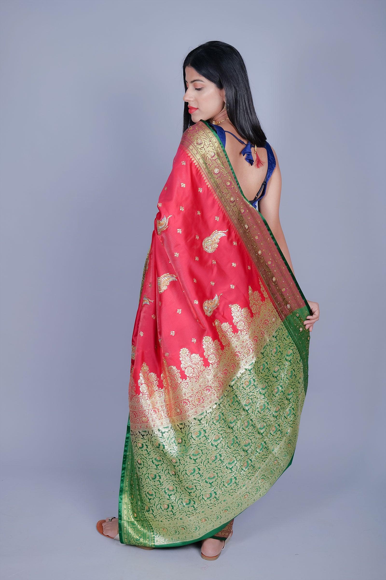 Cerise Red Traditional Banarasi Silk Handloom Saree - Iraah.Store